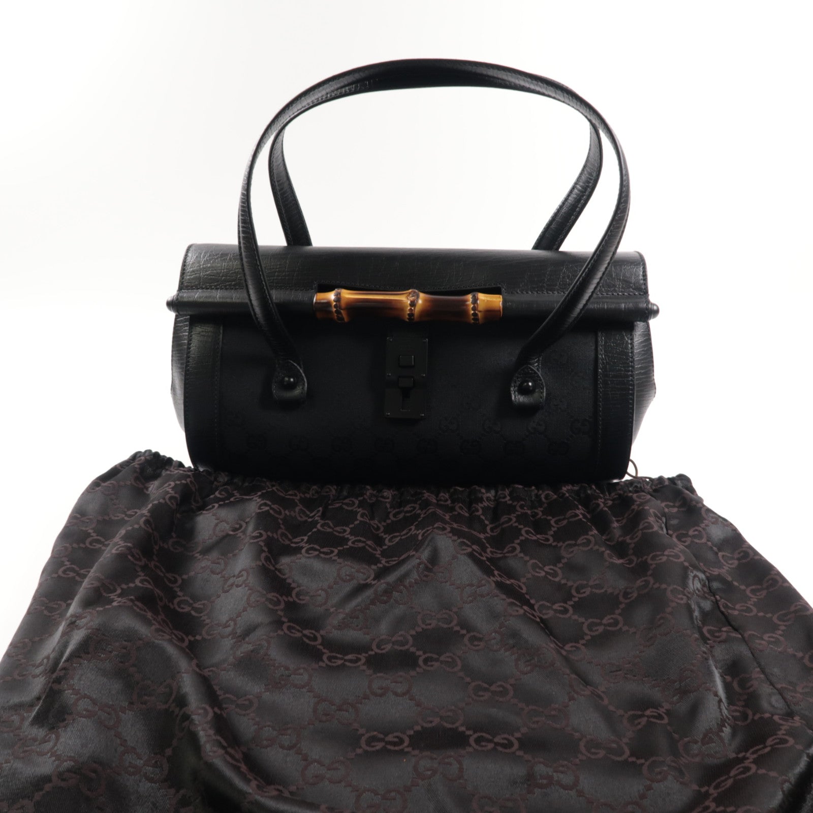 GUCCI 帆布Bamboo Bullet黑扣肩背袋黑色