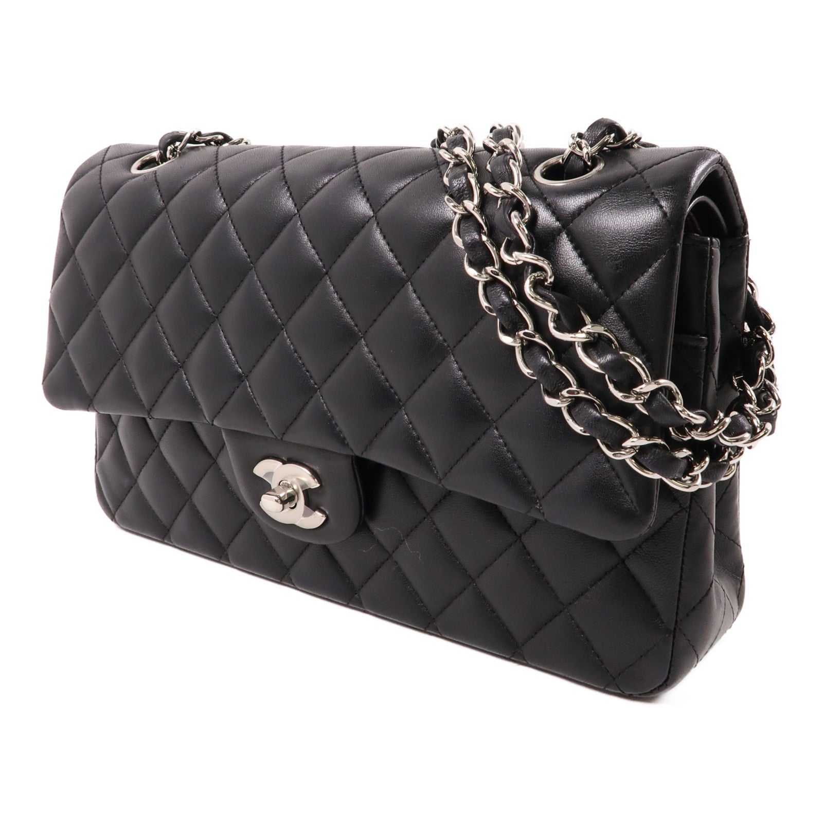 CHANEL 羊皮皮革Classic 25銀扣鏈帶肩背袋黑色