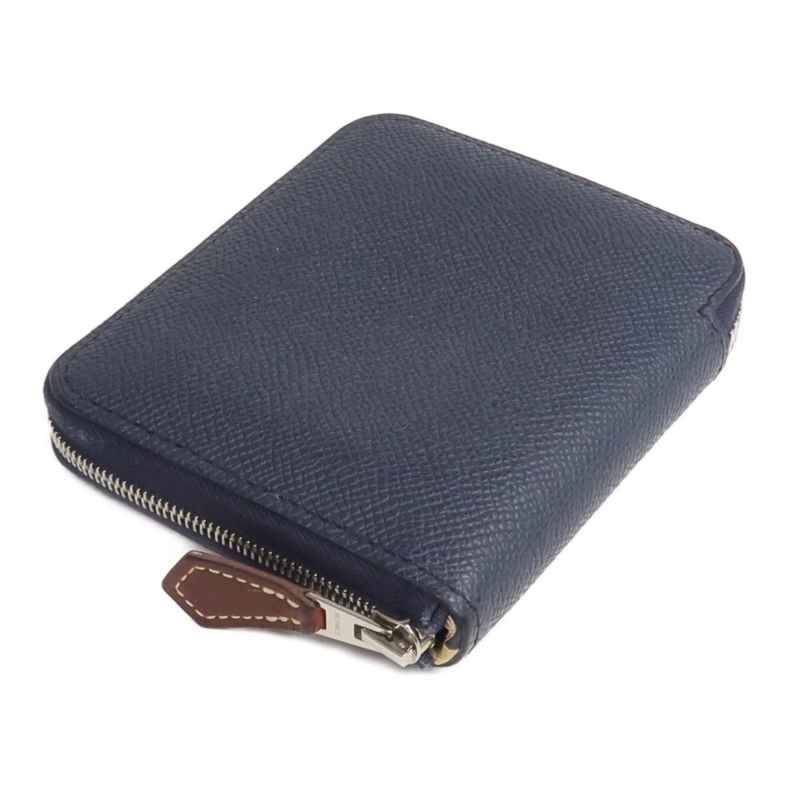 HERMES Epsom皮革/絲質Silk'In Compact Wallet錢包Bleu Indigo