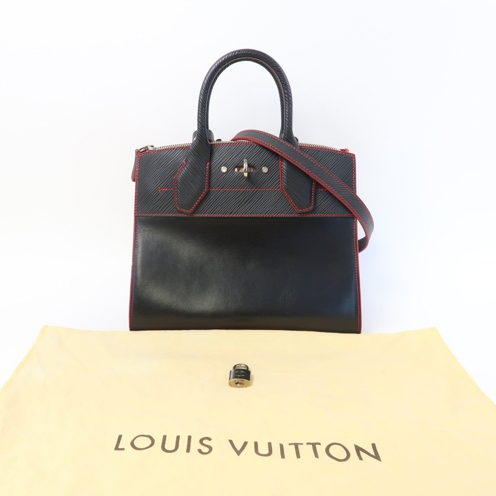 LOUIS VUITTON 【激減優惠】Epi City Steamer PM銀扣手挽肩背兩用袋黑色/紅色