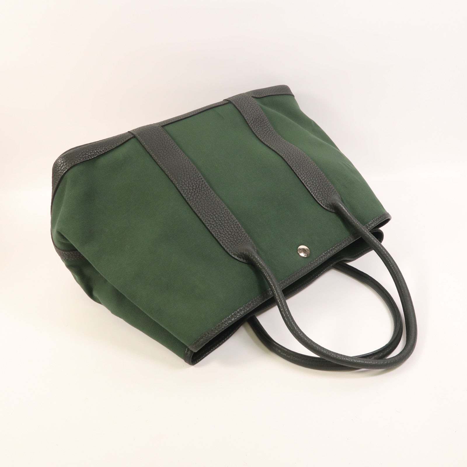 HERMES 帆布Garden Party PM銀扣手挽袋Vert Anglais