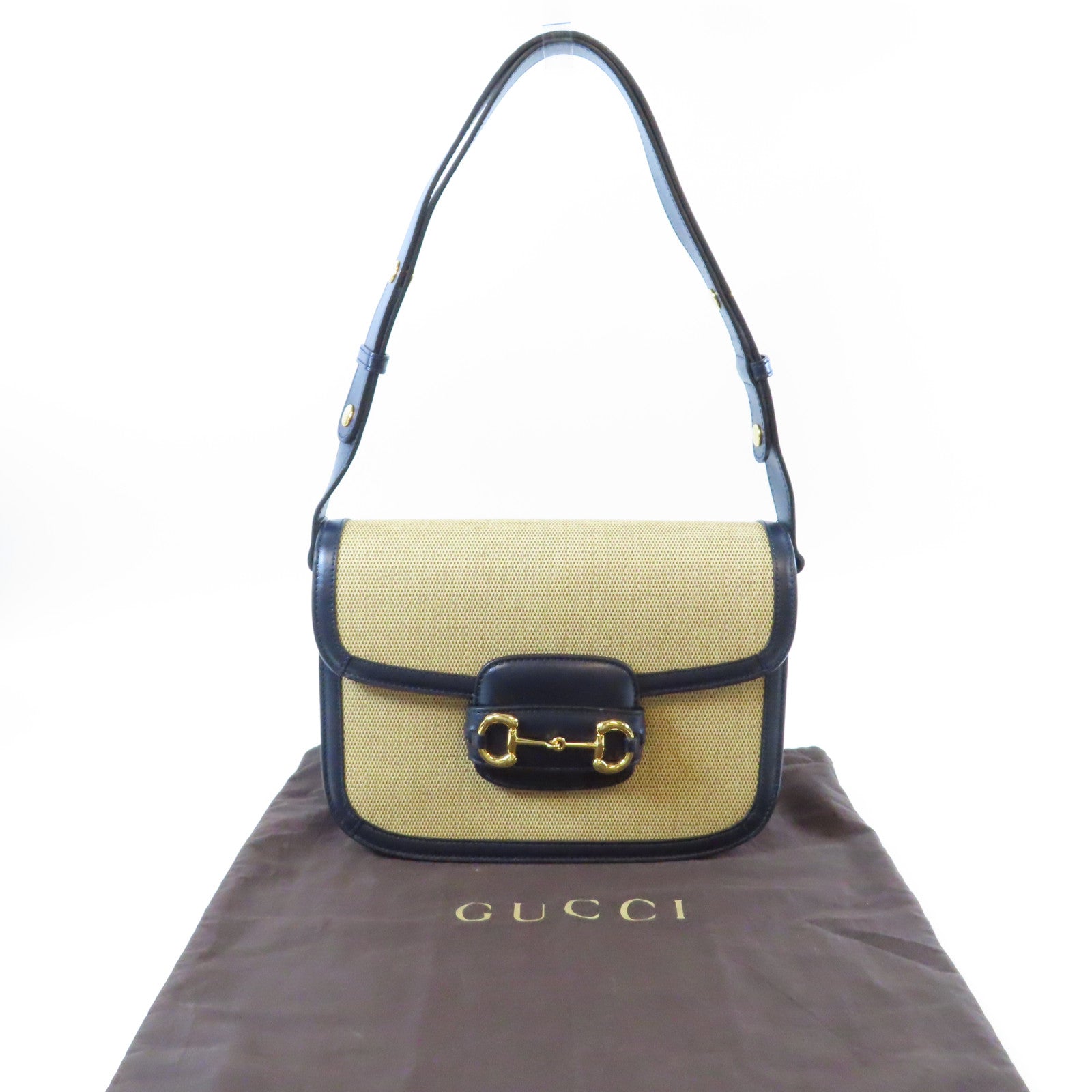 GUCCI 【激減優惠】帆布/皮革Horsebit 1955金扣肩背袋深藍色/米色