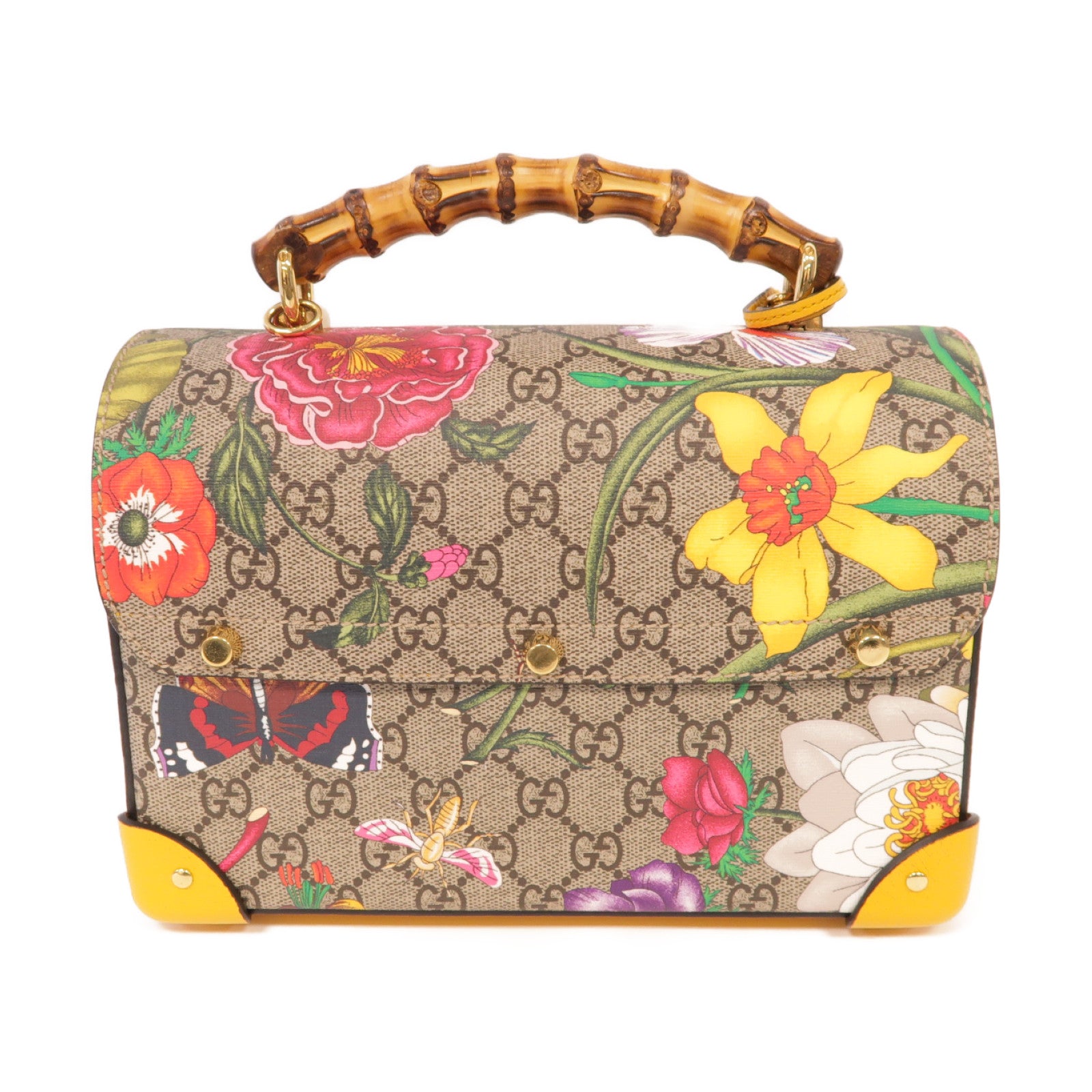 GUCCI 【激減優惠】塗層帆布Padlock GG Flower金扣手挽肩背兩用袋黃色/棕色