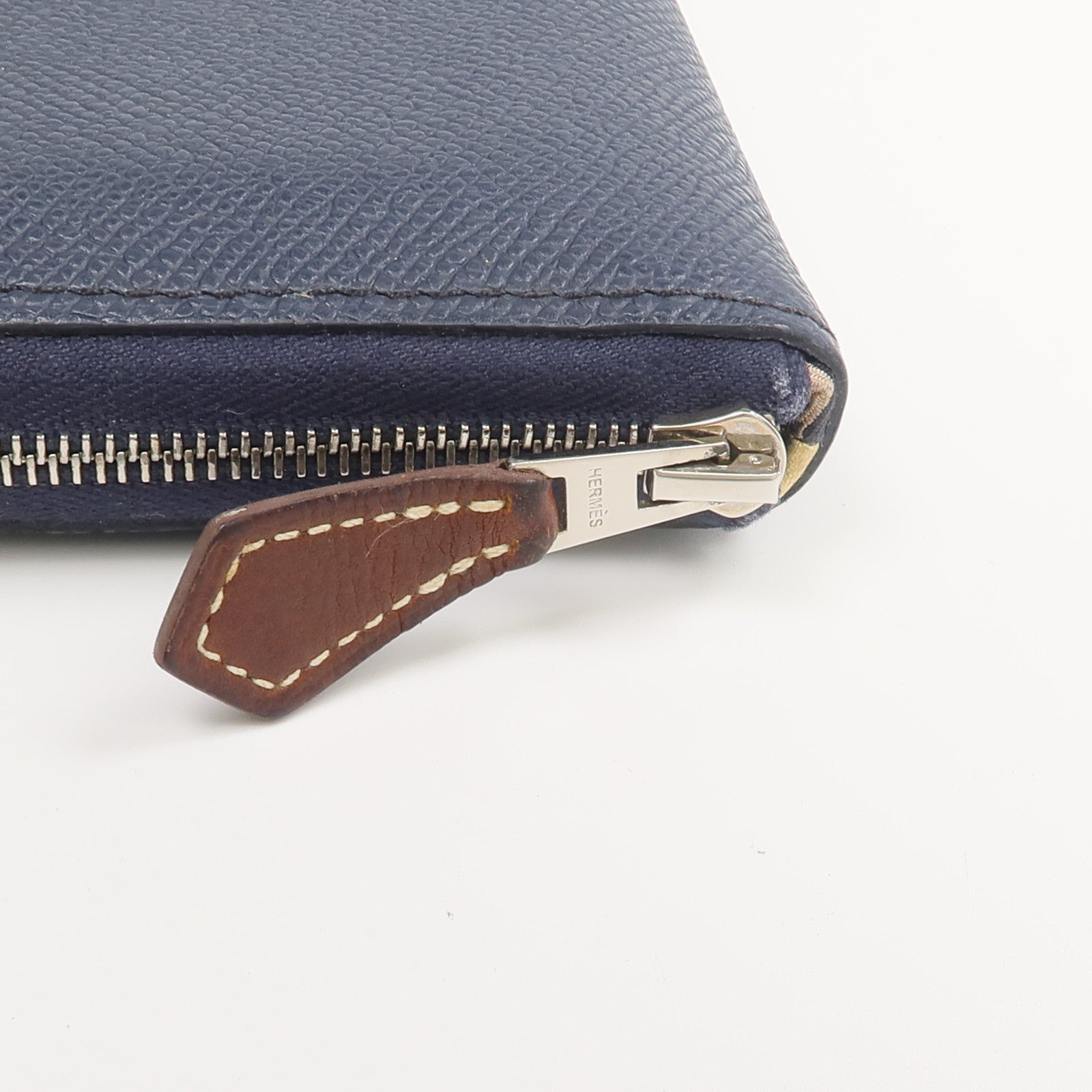 HERMES Epsom皮革/絲質Silk'In Compact Wallet錢包Bleu Indigo