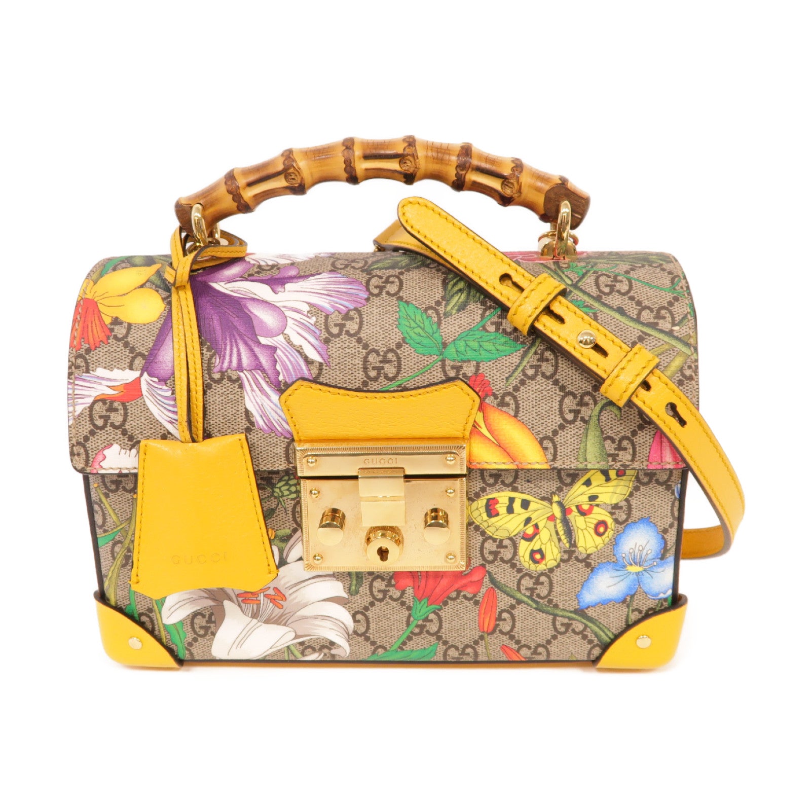 GUCCI 【激減優惠】塗層帆布Padlock GG Flower金扣手挽肩背兩用袋黃色/棕色