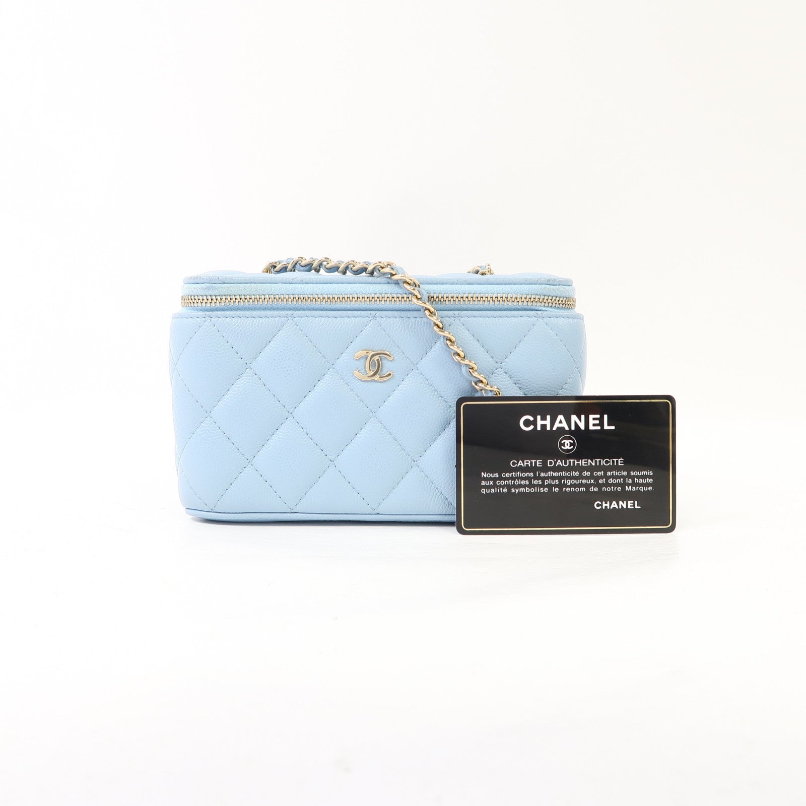CHANEL 【激減優惠】菱格牛皮皮革Vanity Case金扣鏈帶肩背袋藍色