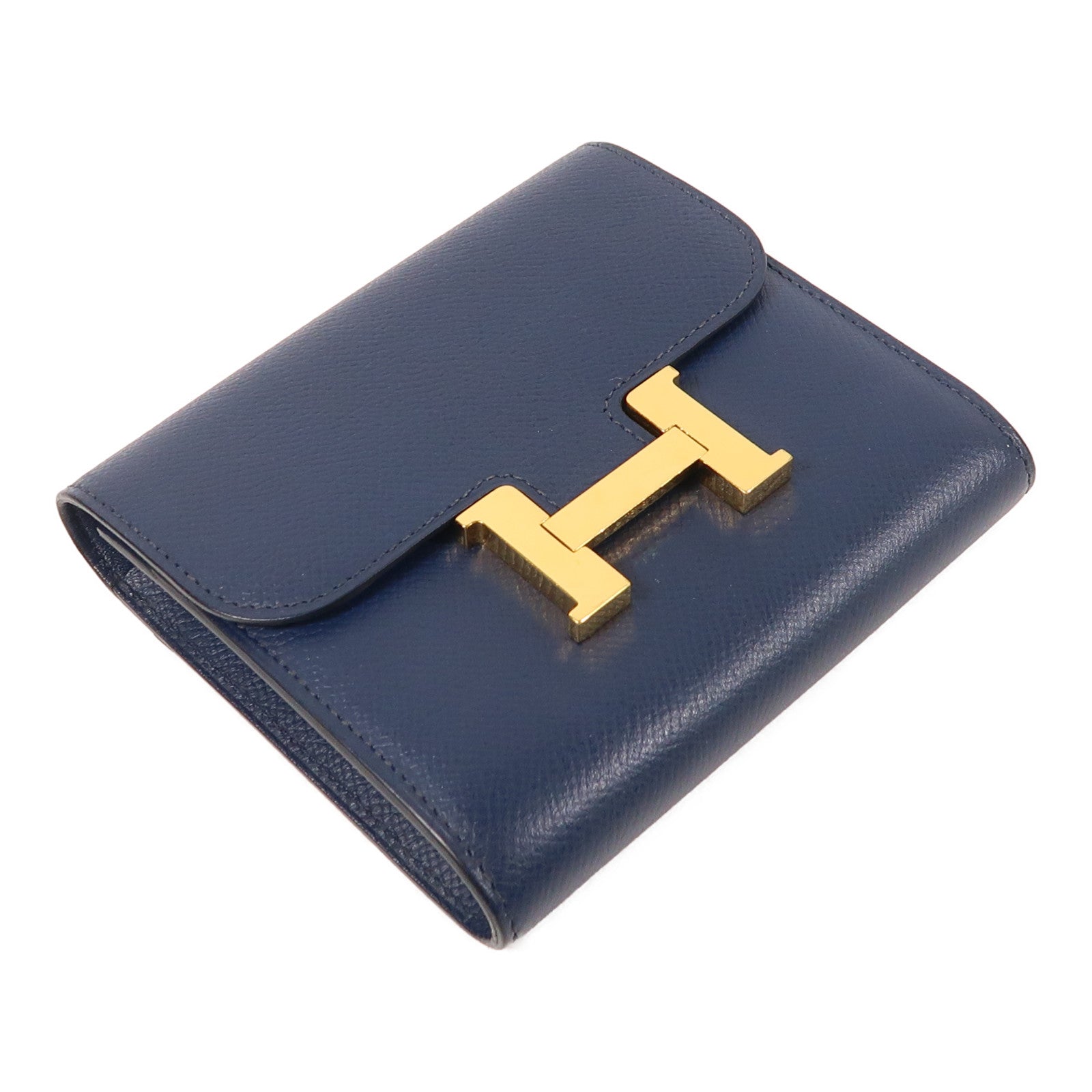 HERMES Epsom皮革Constance Compact Wallet金扣錢包Bleu Saphir