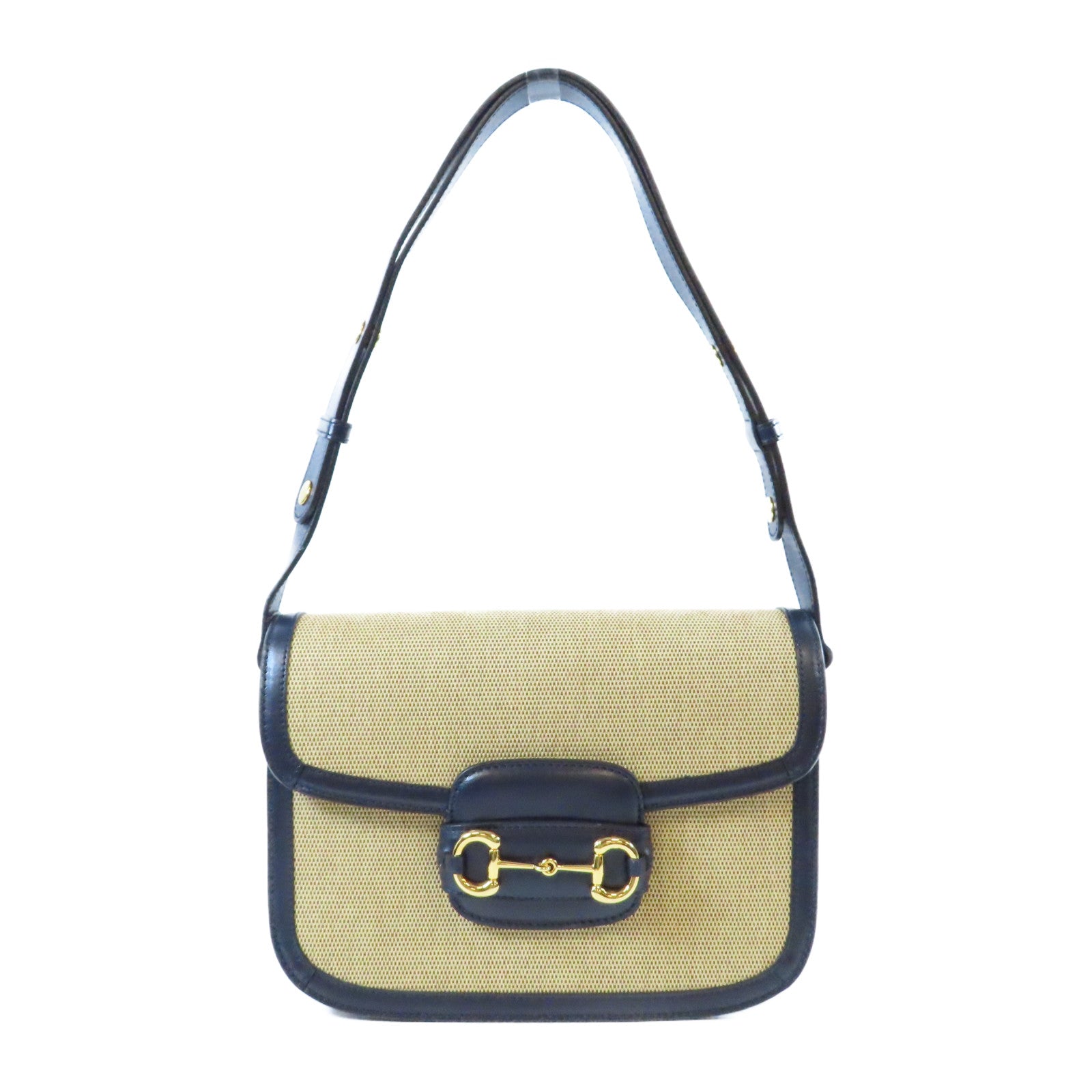 GUCCI 【激減優惠】帆布/皮革Horsebit 1955金扣肩背袋深藍色/米色