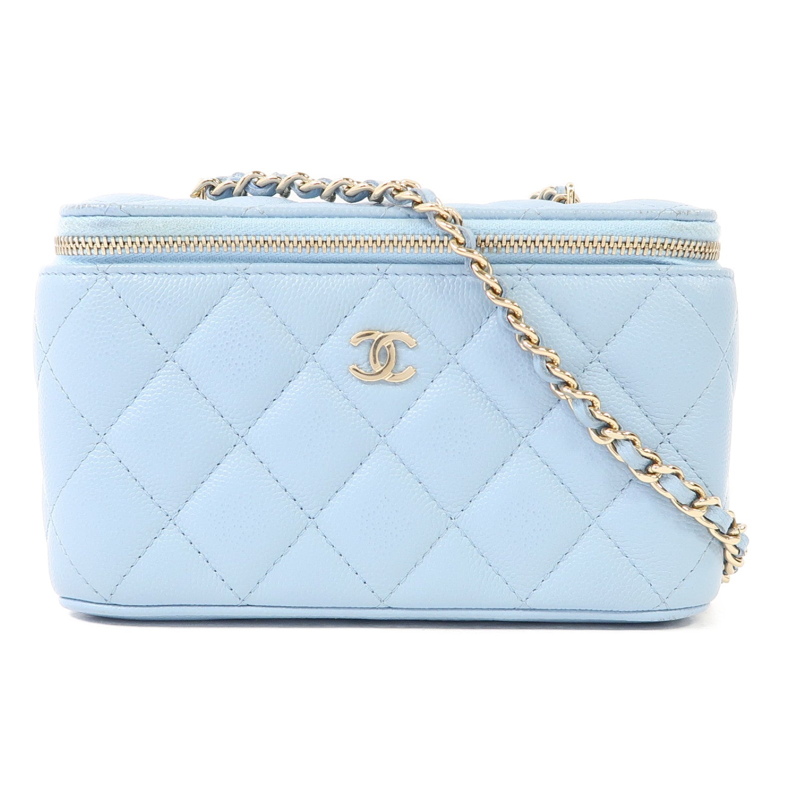 CHANEL 【激減優惠】菱格牛皮皮革Vanity Case金扣鏈帶肩背袋藍色