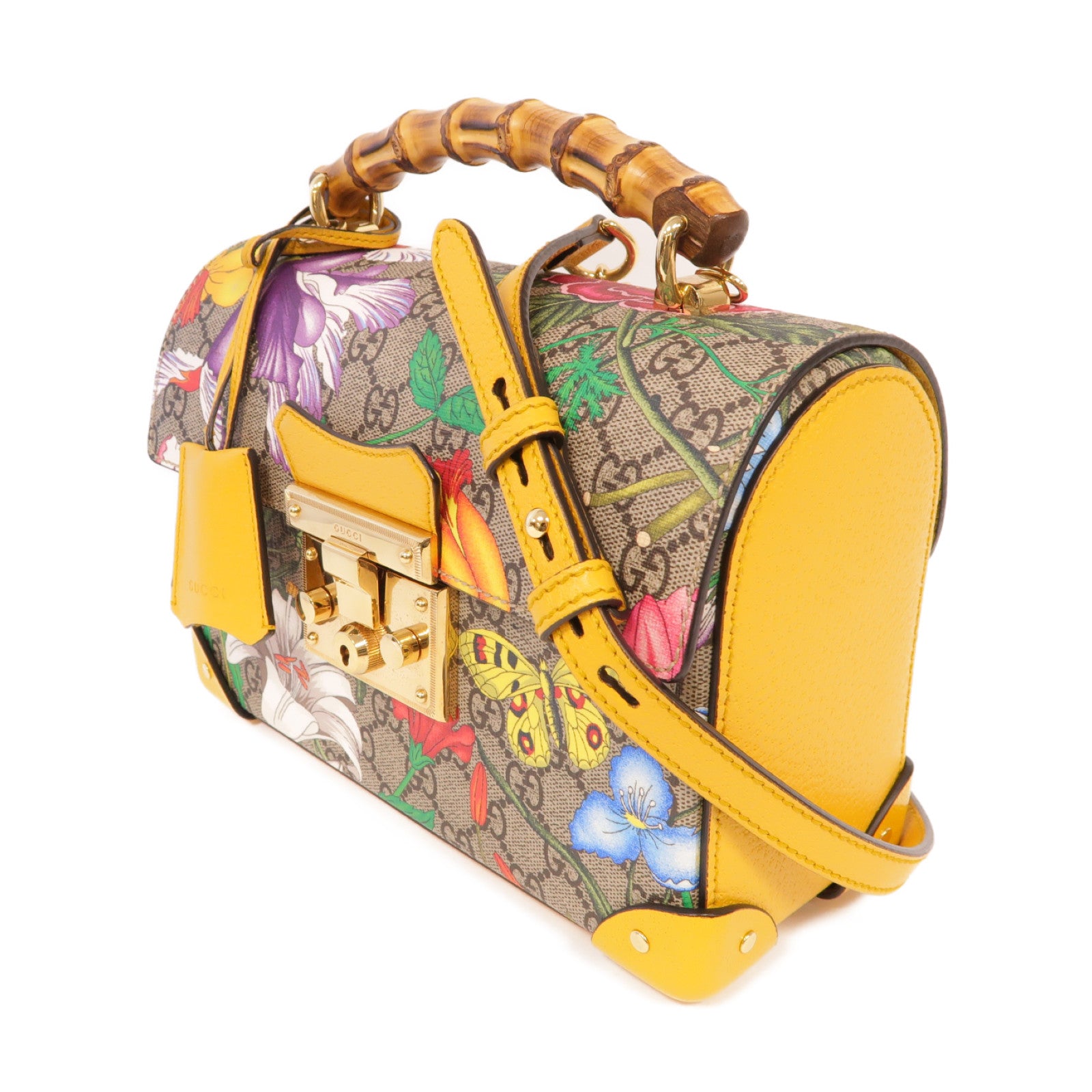 GUCCI 【激減優惠】塗層帆布Padlock GG Flower金扣手挽肩背兩用袋黃色/棕色
