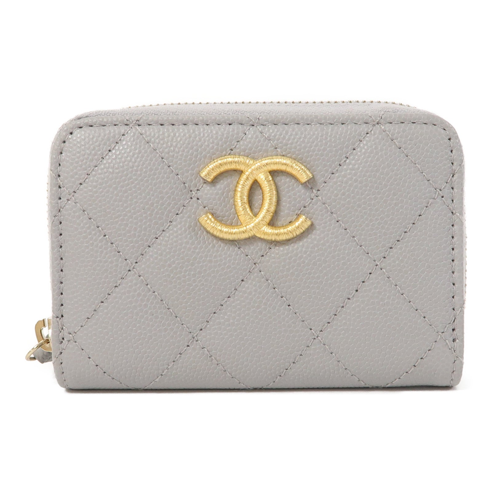 CHANEL 菱格牛皮皮革Zippped Coin Purse金扣卡片套灰色
