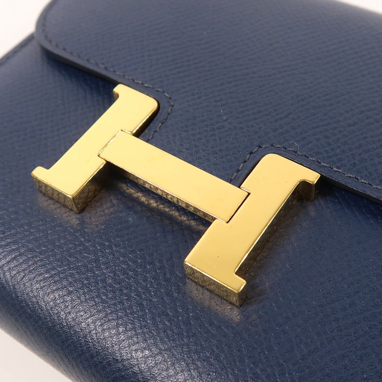 HERMES Epsom皮革Constance Compact Wallet金扣錢包Bleu Saphir