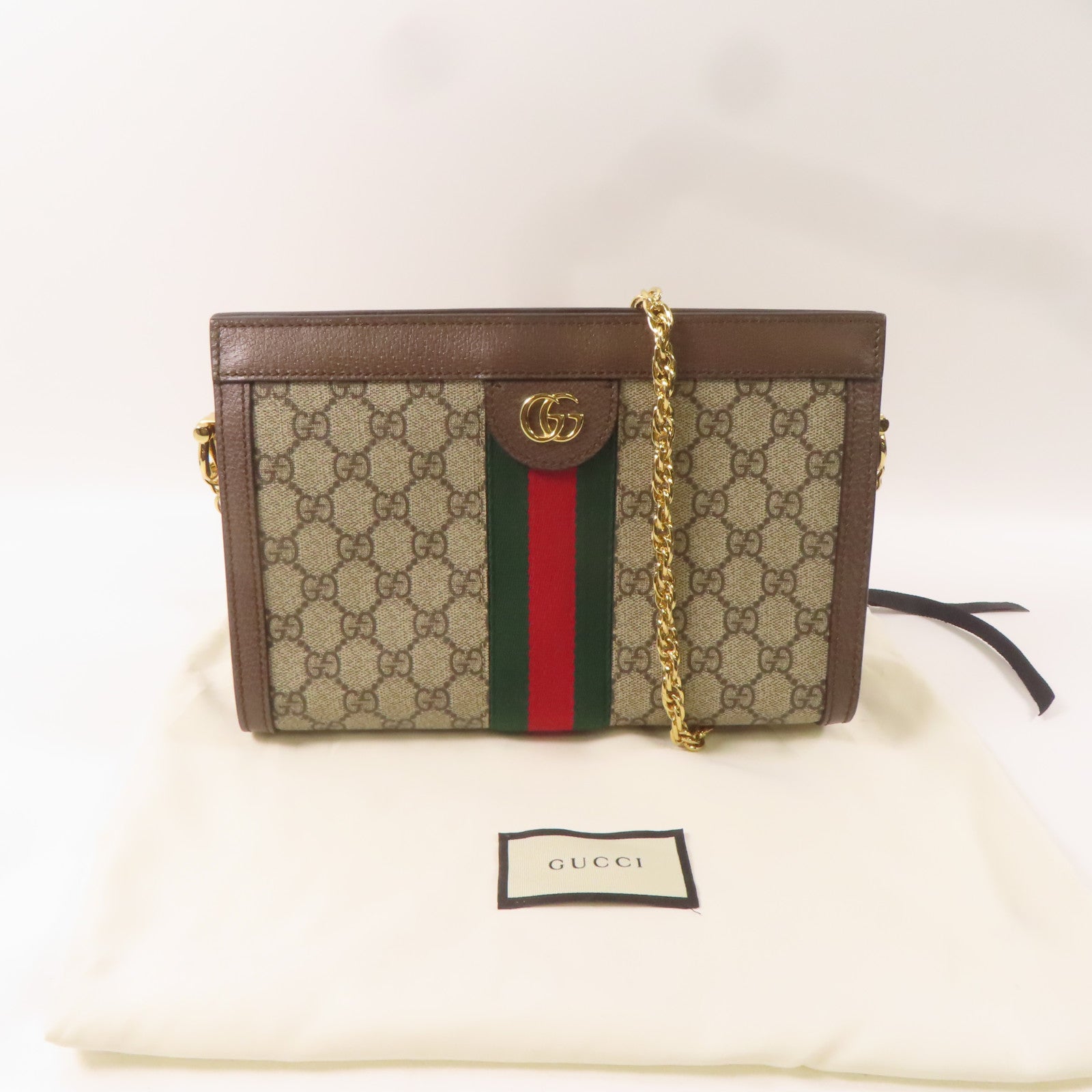 GUCCI 【激減優惠】塗層帆布GG Supreme Ophidia金扣鏈帶肩背袋啡色
