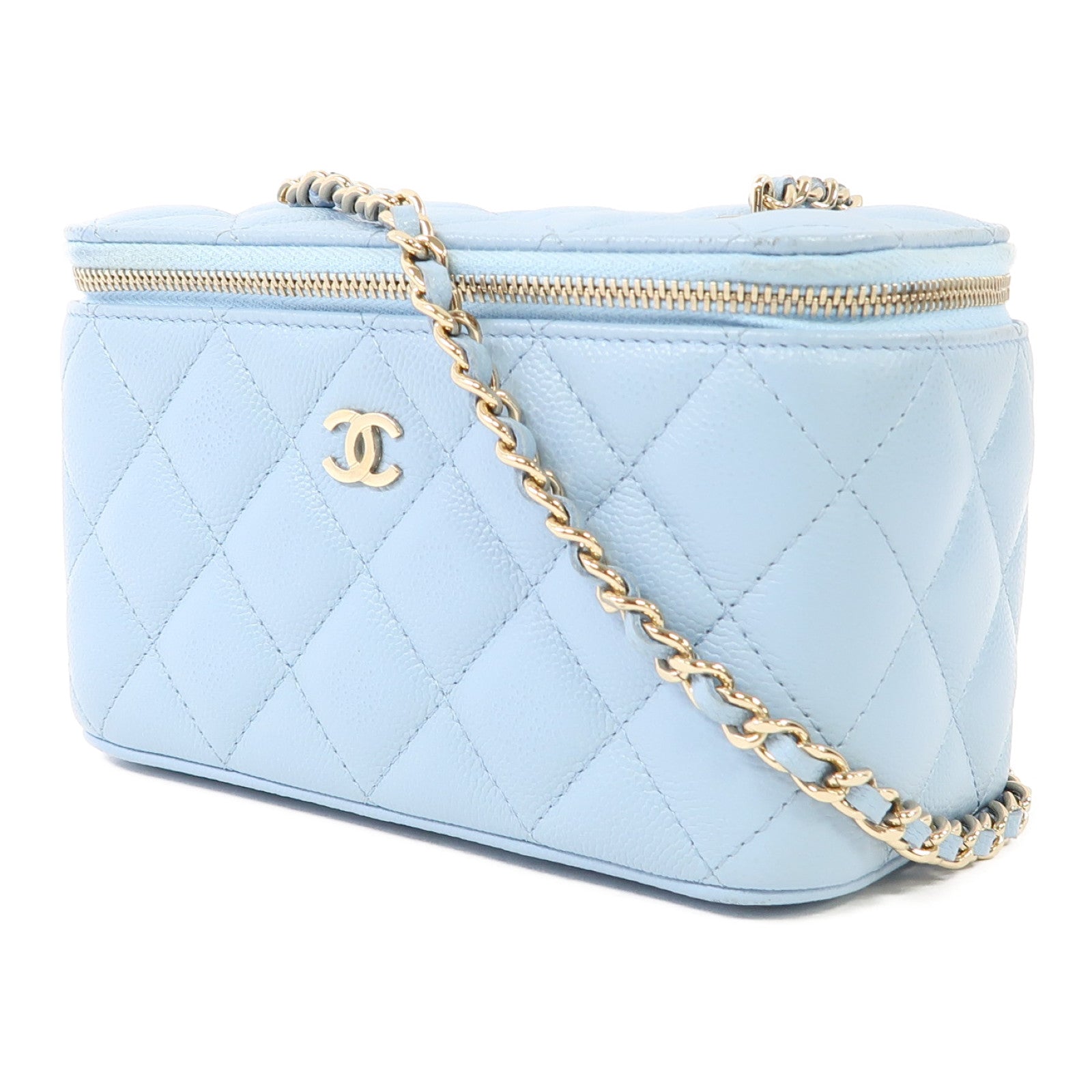 CHANEL 【激減優惠】菱格牛皮皮革Vanity Case金扣鏈帶肩背袋藍色