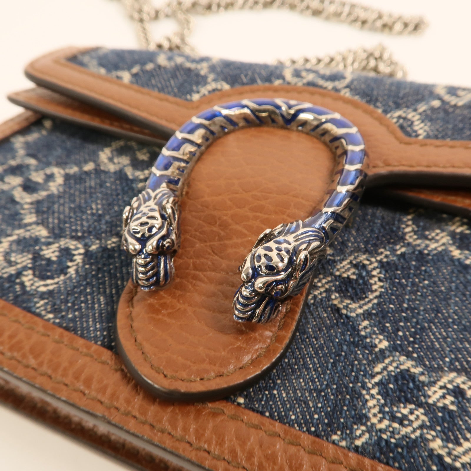 GUCCI 牛仔布Dionysus Wallet On Chain銀扣鏈帶肩背袋