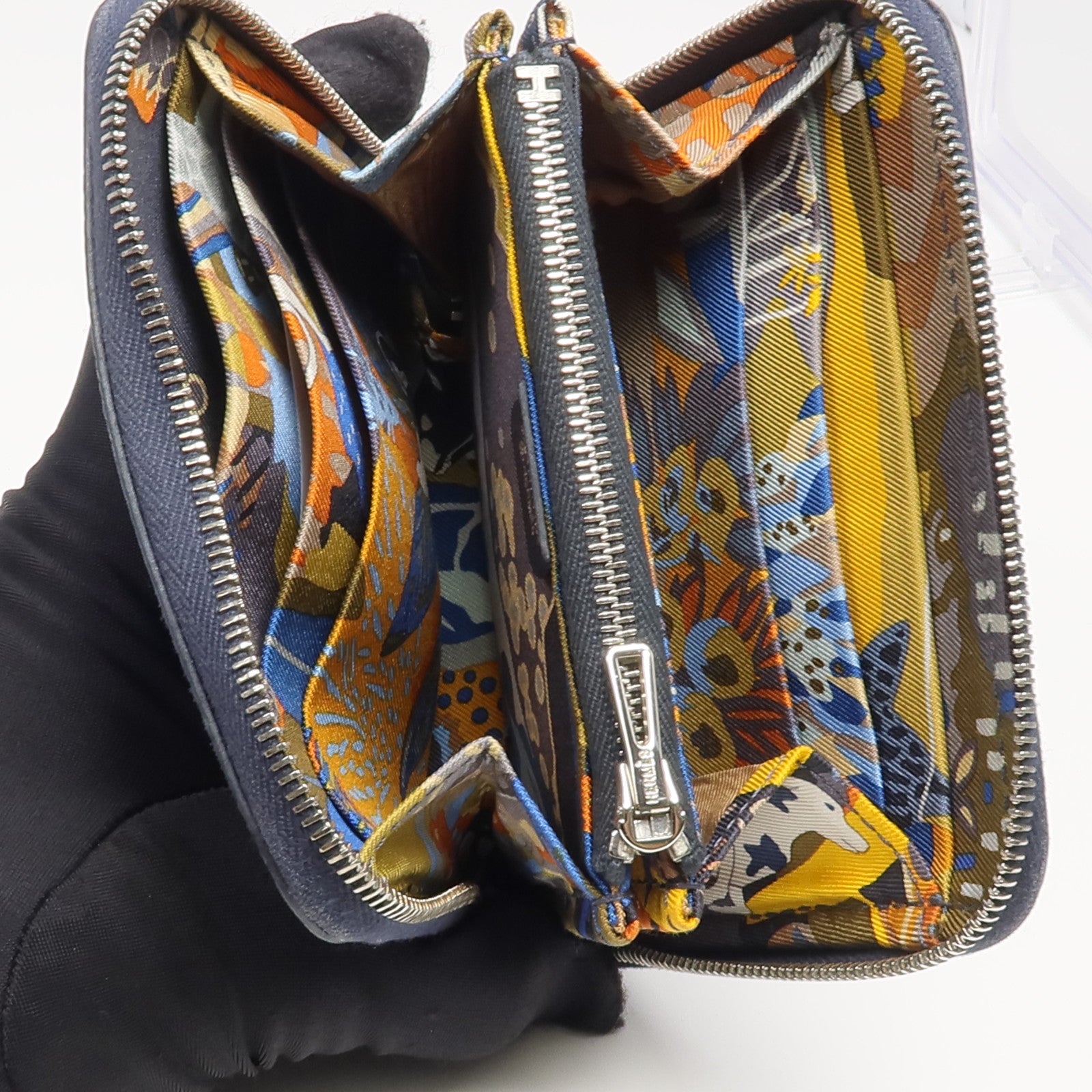 HERMES Epsom皮革/絲質Silk'In Compact Wallet錢包Bleu Indigo