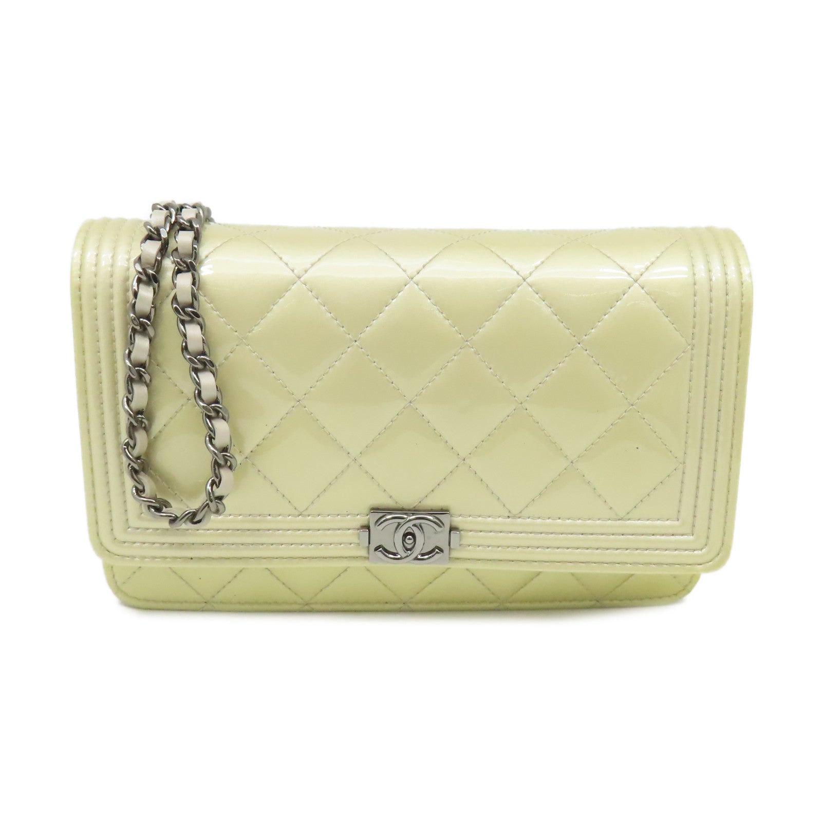 CHANEL 【激減優惠】菱格漆皮皮革WOC Wallet On Chain Shoulder Bag銀扣鏈帶肩背袋杏色