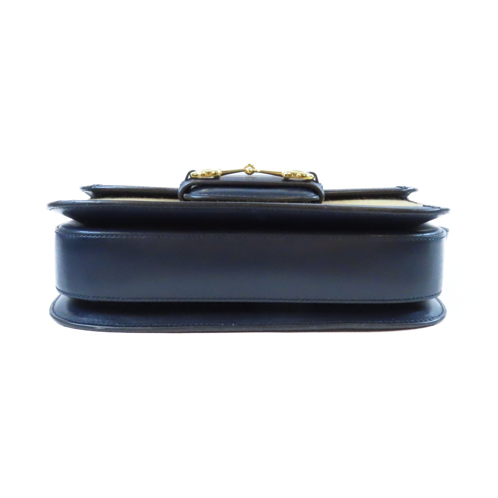 GUCCI 【激減優惠】帆布/皮革Horsebit 1955金扣肩背袋深藍色/米色