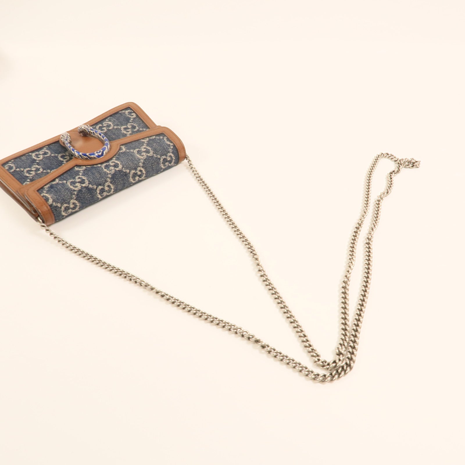GUCCI 牛仔布Dionysus Wallet On Chain銀扣鏈帶肩背袋