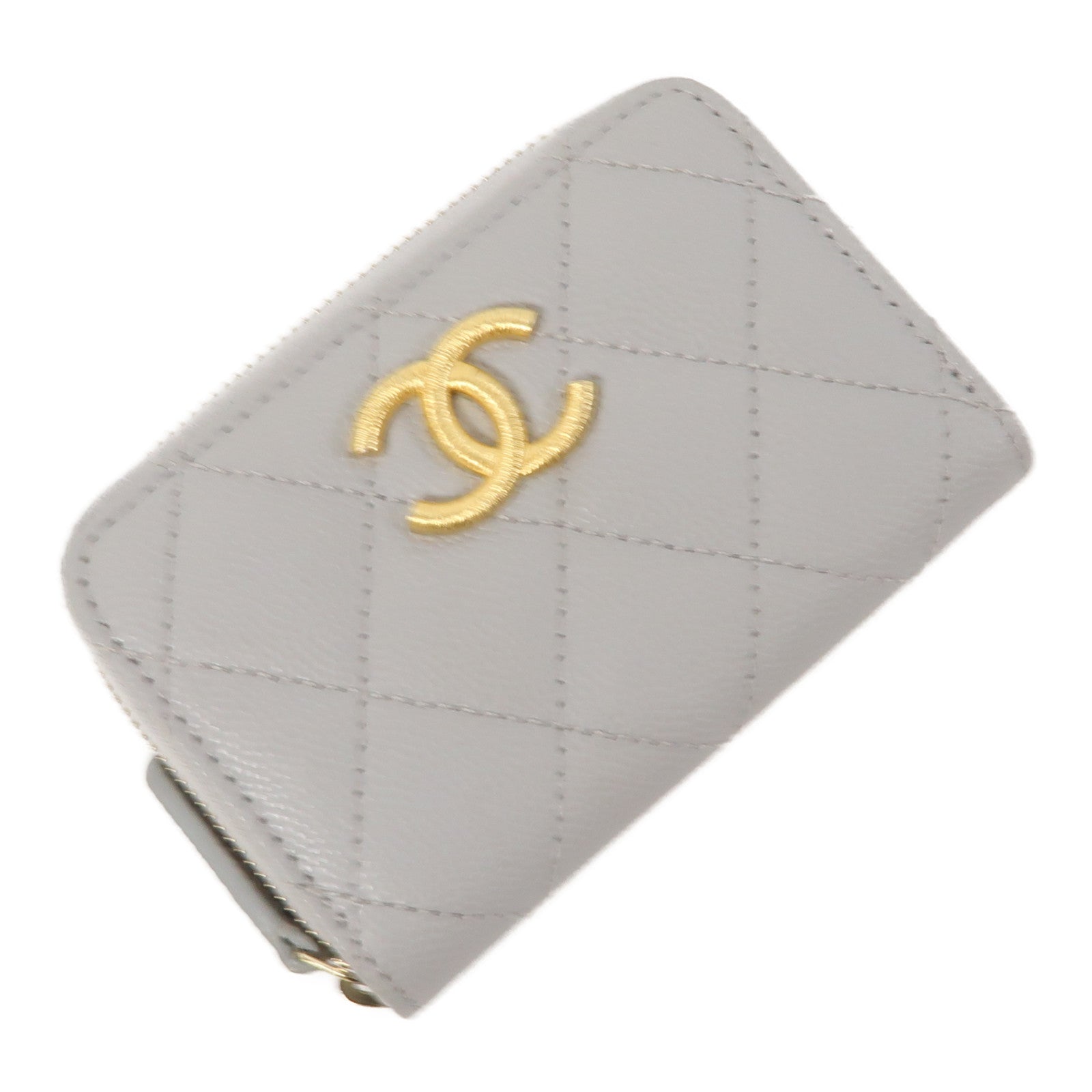CHANEL 菱格牛皮皮革Zippped Coin Purse金扣卡片套灰色