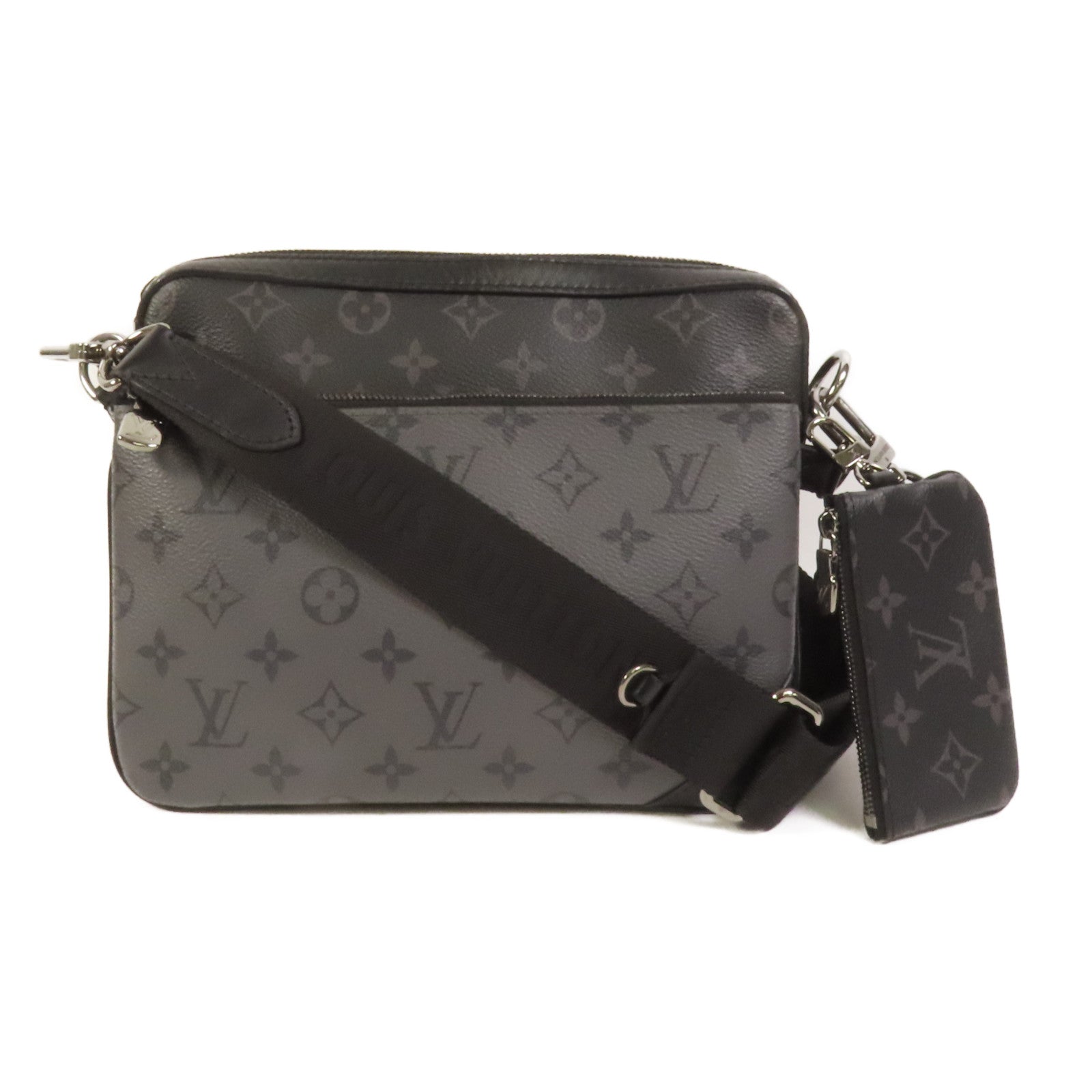 LOUIS VUITTON Monogram Eclipse Reverse Trio Messenger銀扣肩背袋灰色