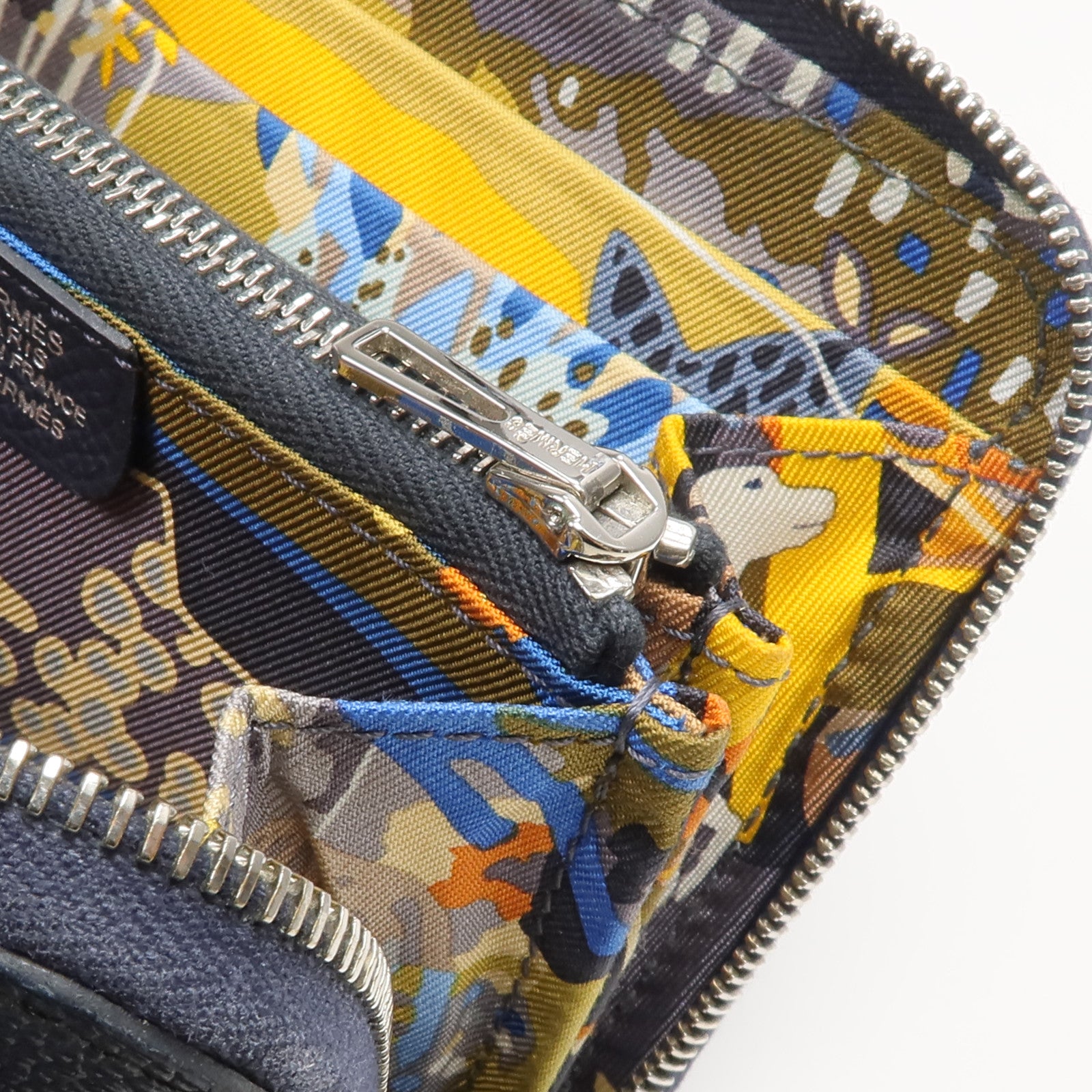 HERMES Epsom皮革/絲質Silk'In Compact Wallet錢包Bleu Indigo