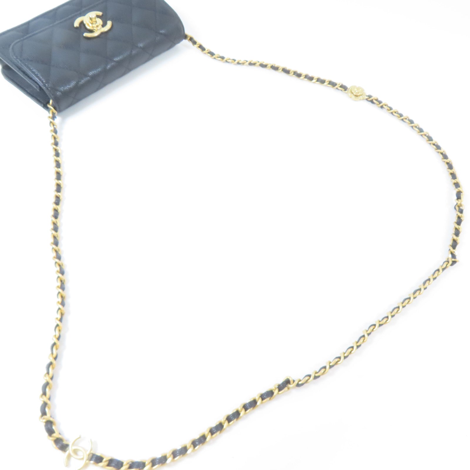 CHANEL 菱格Caviar皮革Chain Shoulder Bag金扣鏈帶肩背袋黑色