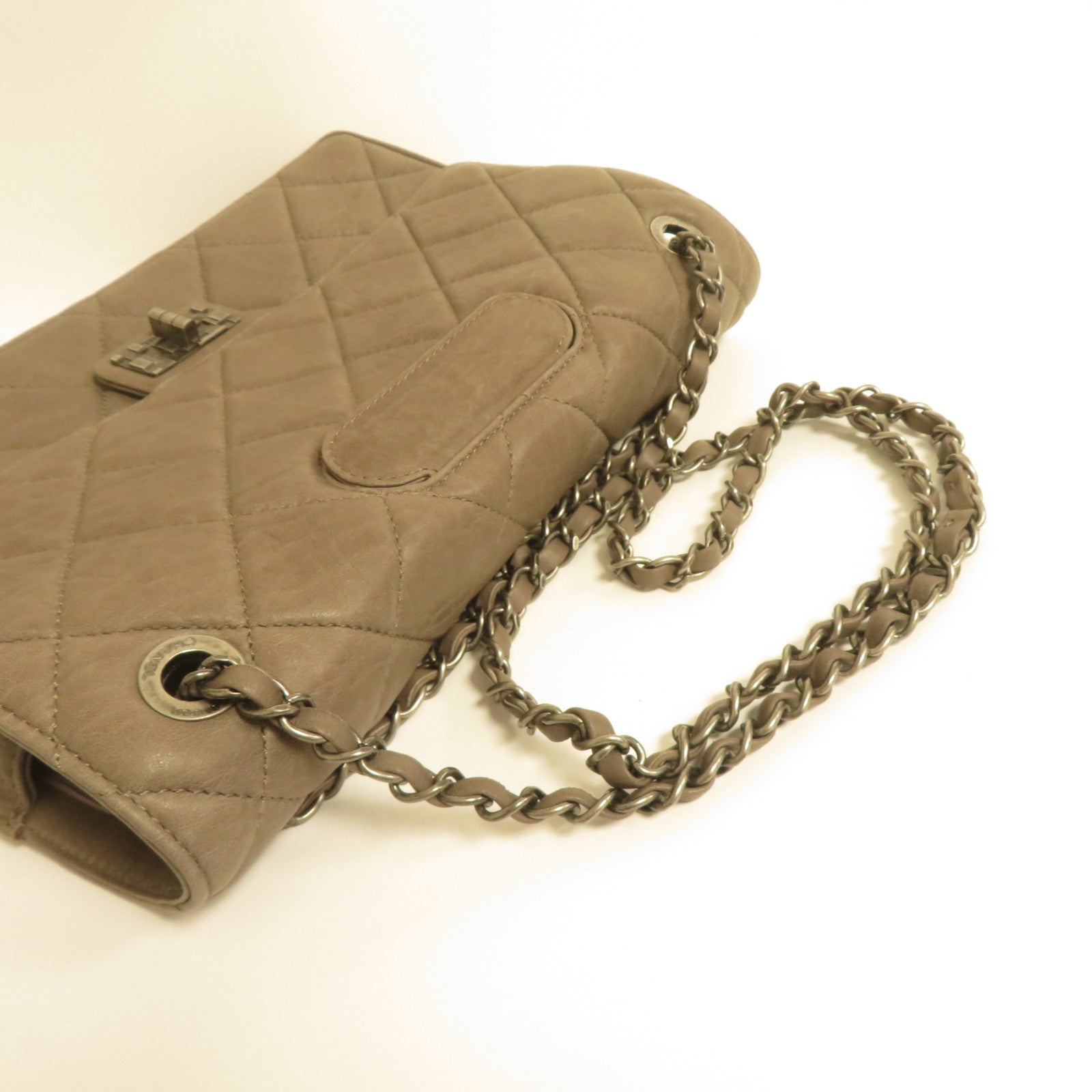 CHANEL 【激減優惠】菱格牛皮皮革Chain Shoulder銀扣鏈帶肩背袋灰色