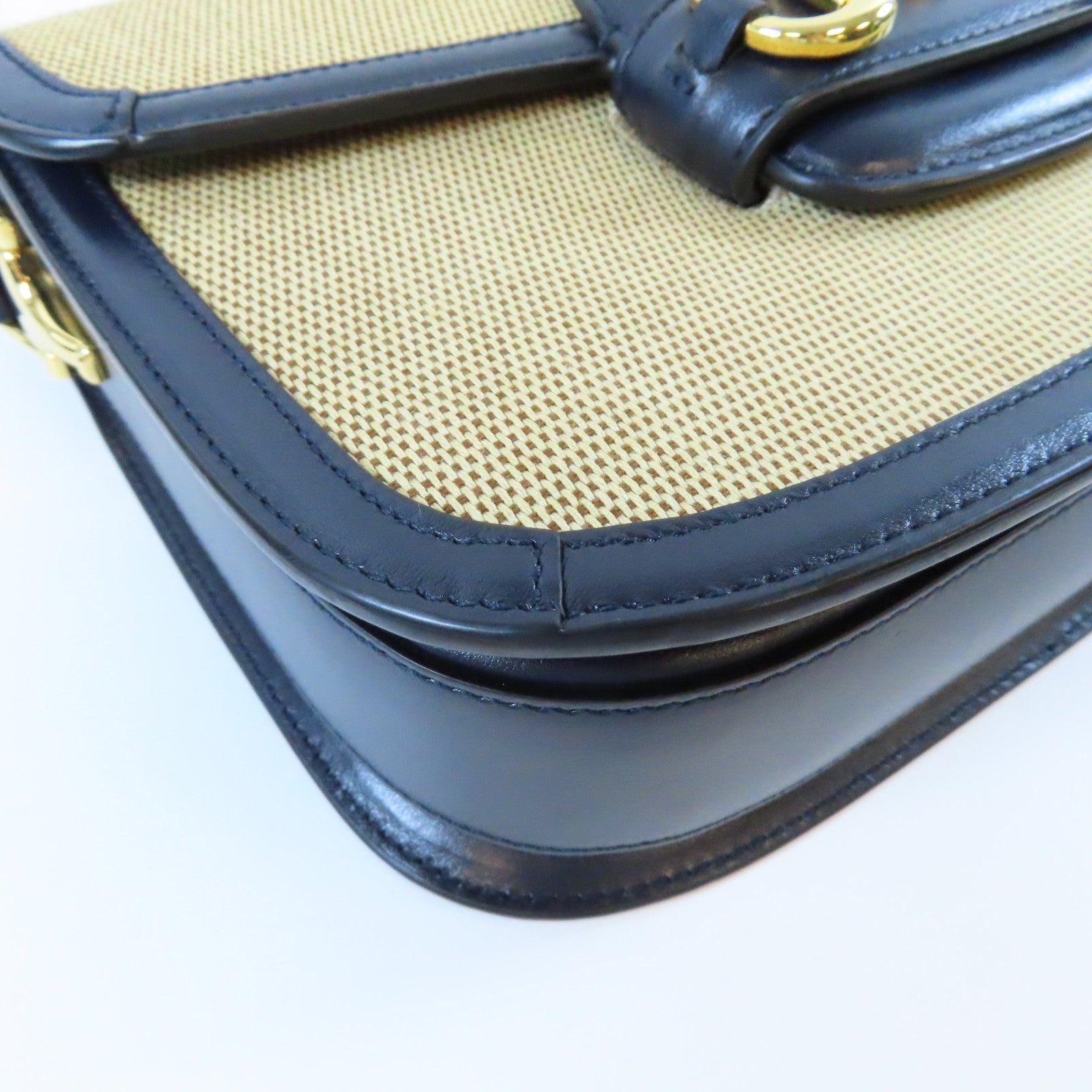 GUCCI 【激減優惠】帆布/皮革Horsebit 1955金扣肩背袋深藍色/米色