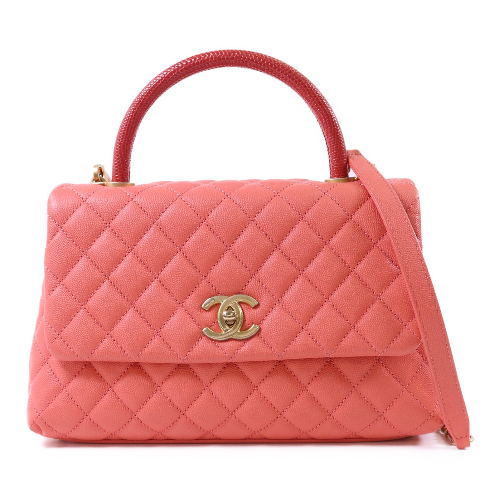 CHANEL 牛皮皮革/蜥蝪皮革Coco Handle Large金扣鏈帶肩背袋