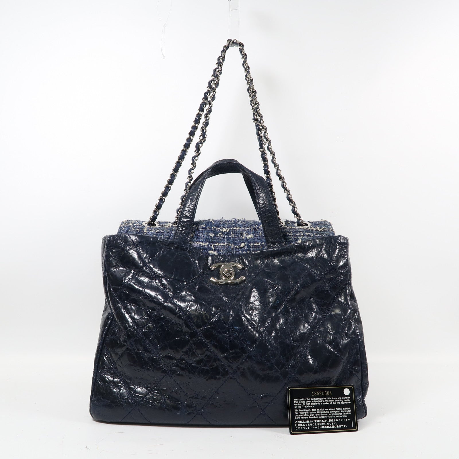 CHANEL 菱格牛皮皮革2way Shoulder Bag銀扣手挽肩背兩用袋藍色