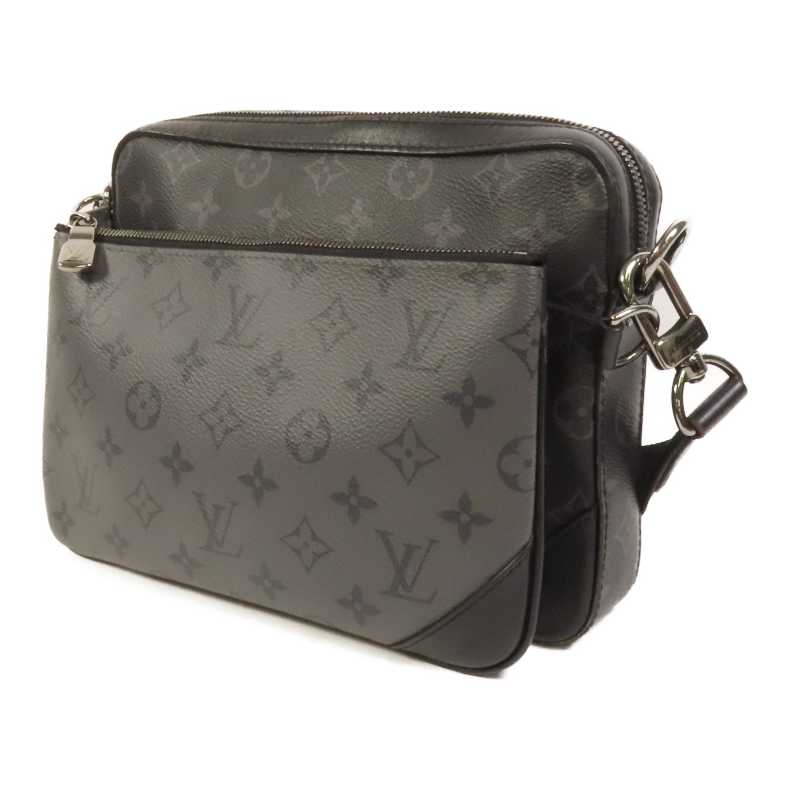 LOUIS VUITTON Monogram Eclipse Reverse Trio Messenger銀扣肩背袋灰色