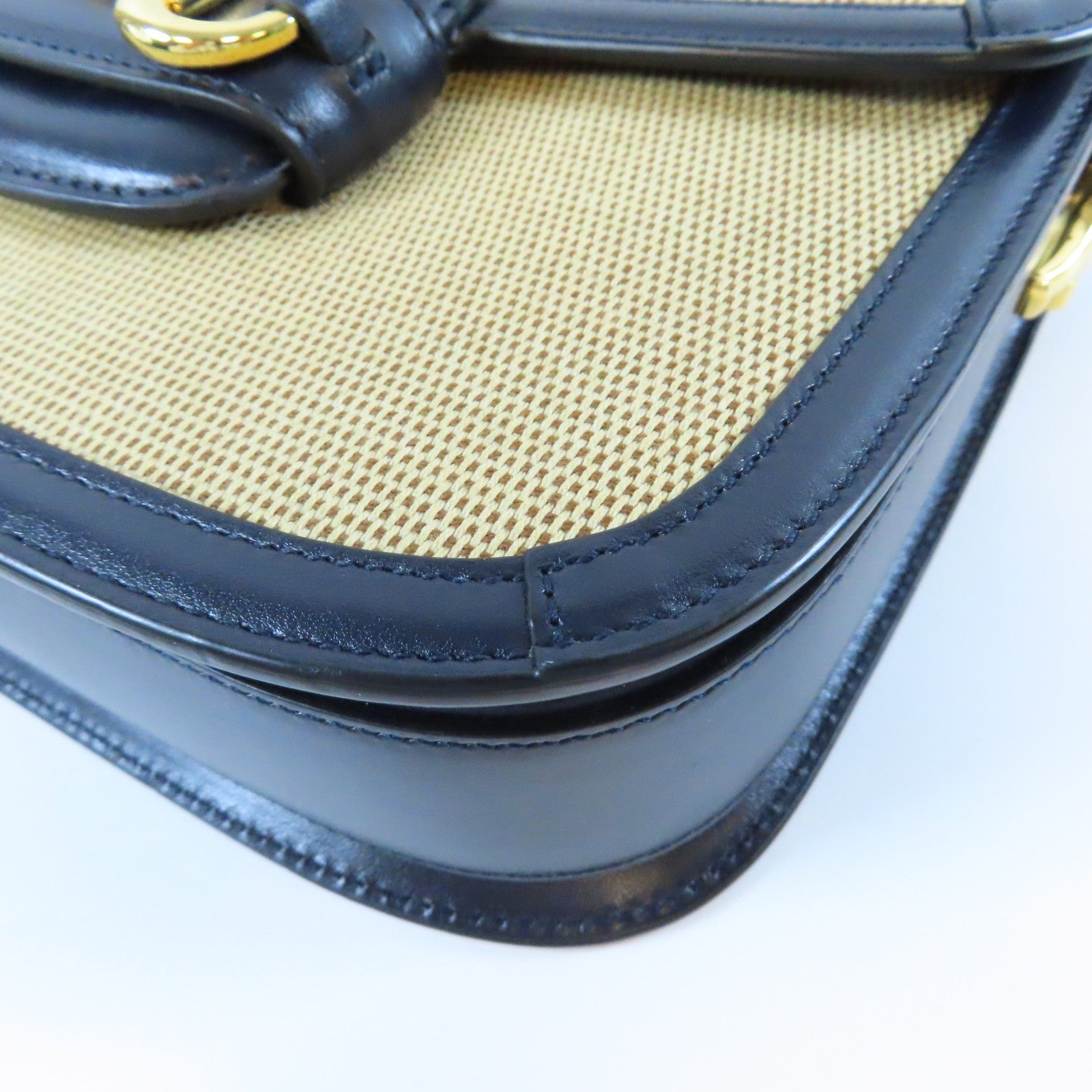 GUCCI 【激減優惠】帆布/皮革Horsebit 1955金扣肩背袋深藍色/米色