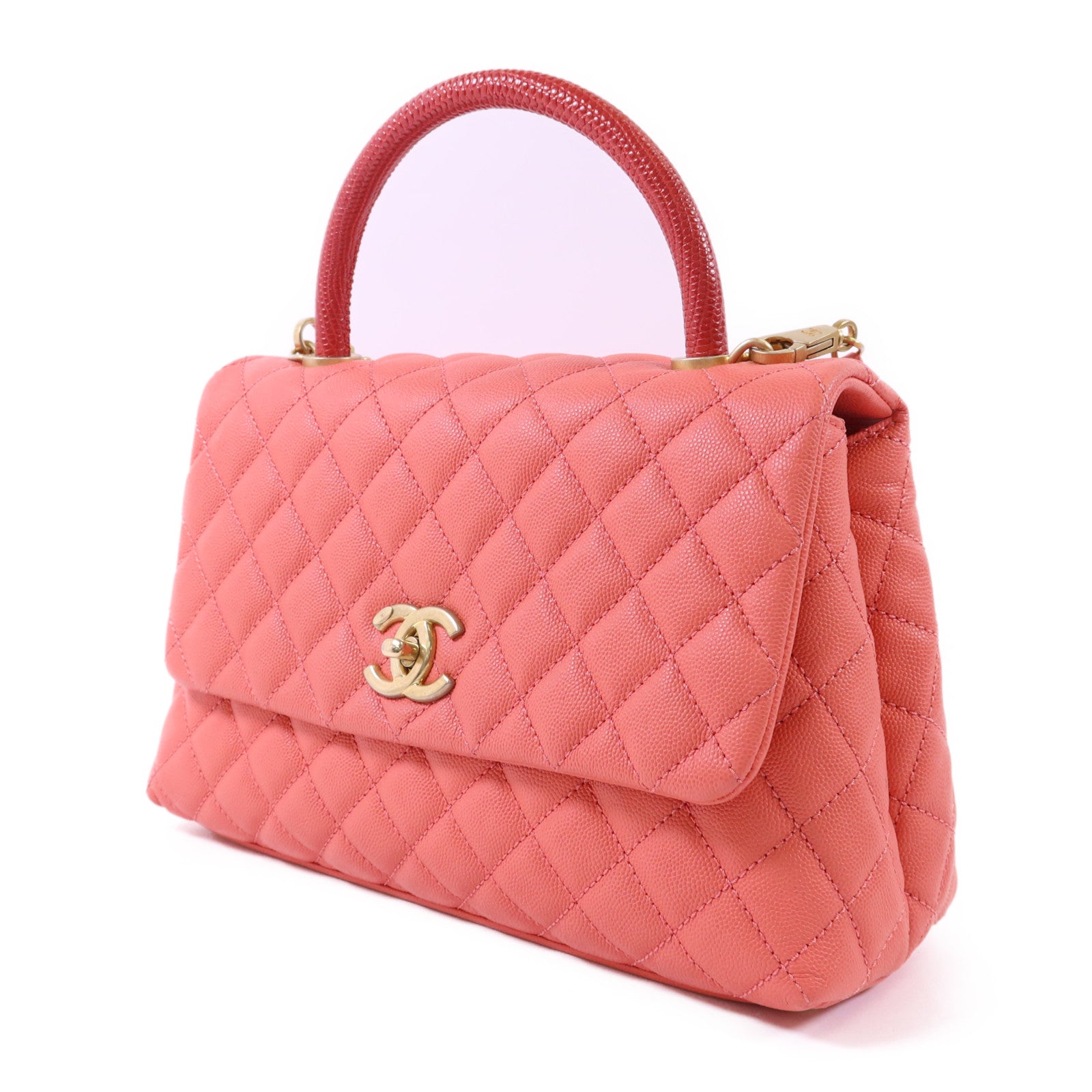 CHANEL 牛皮皮革/蜥蝪皮革Coco Handle Large金扣鏈帶肩背袋