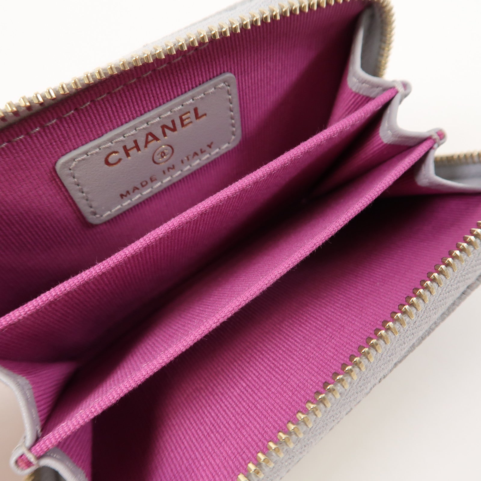 CHANEL 菱格牛皮皮革Zippped Coin Purse金扣卡片套灰色