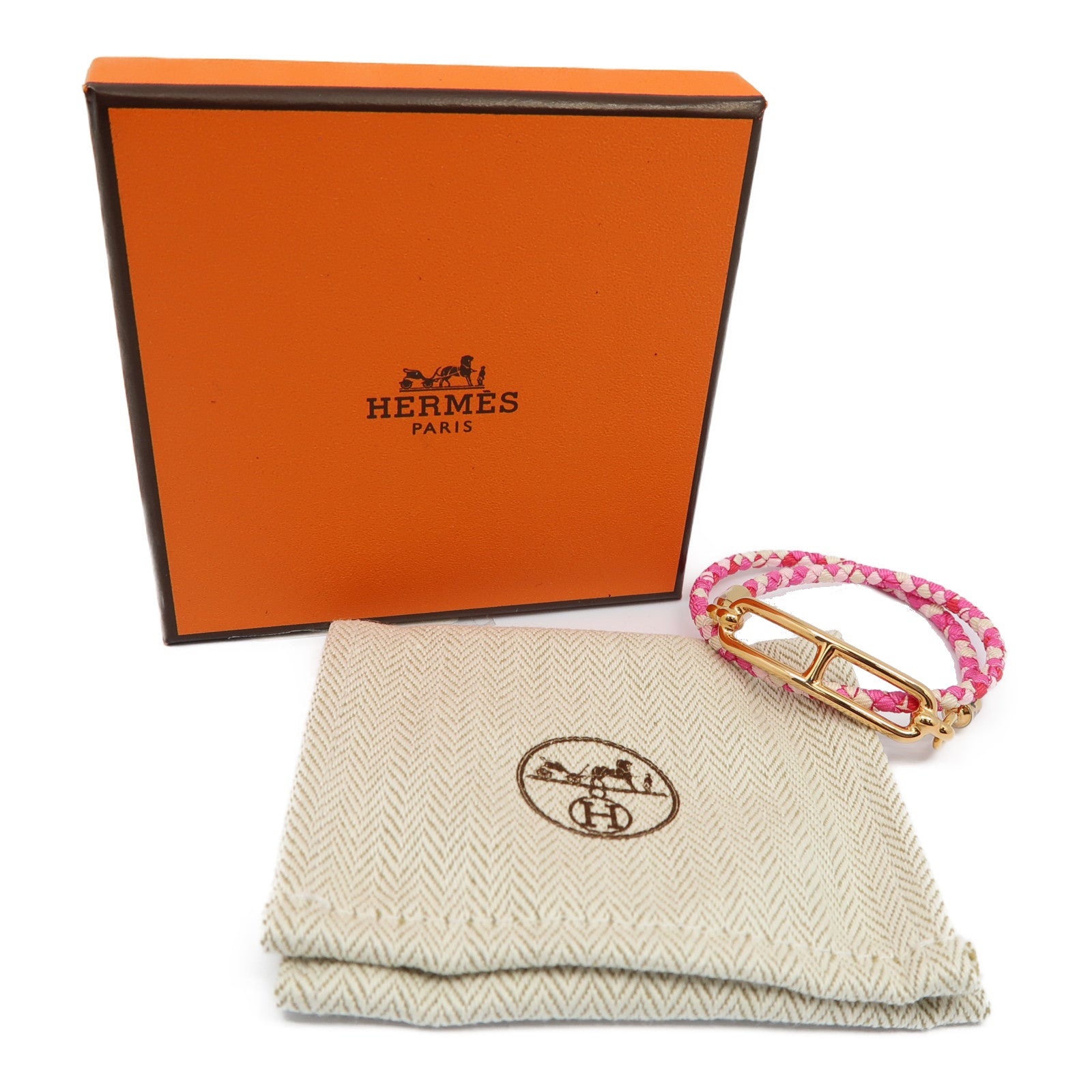 HERMES 【激減優惠】印花絲綢/金屬Roulis Double Tour Bracelet金扣手鐲粉紅色