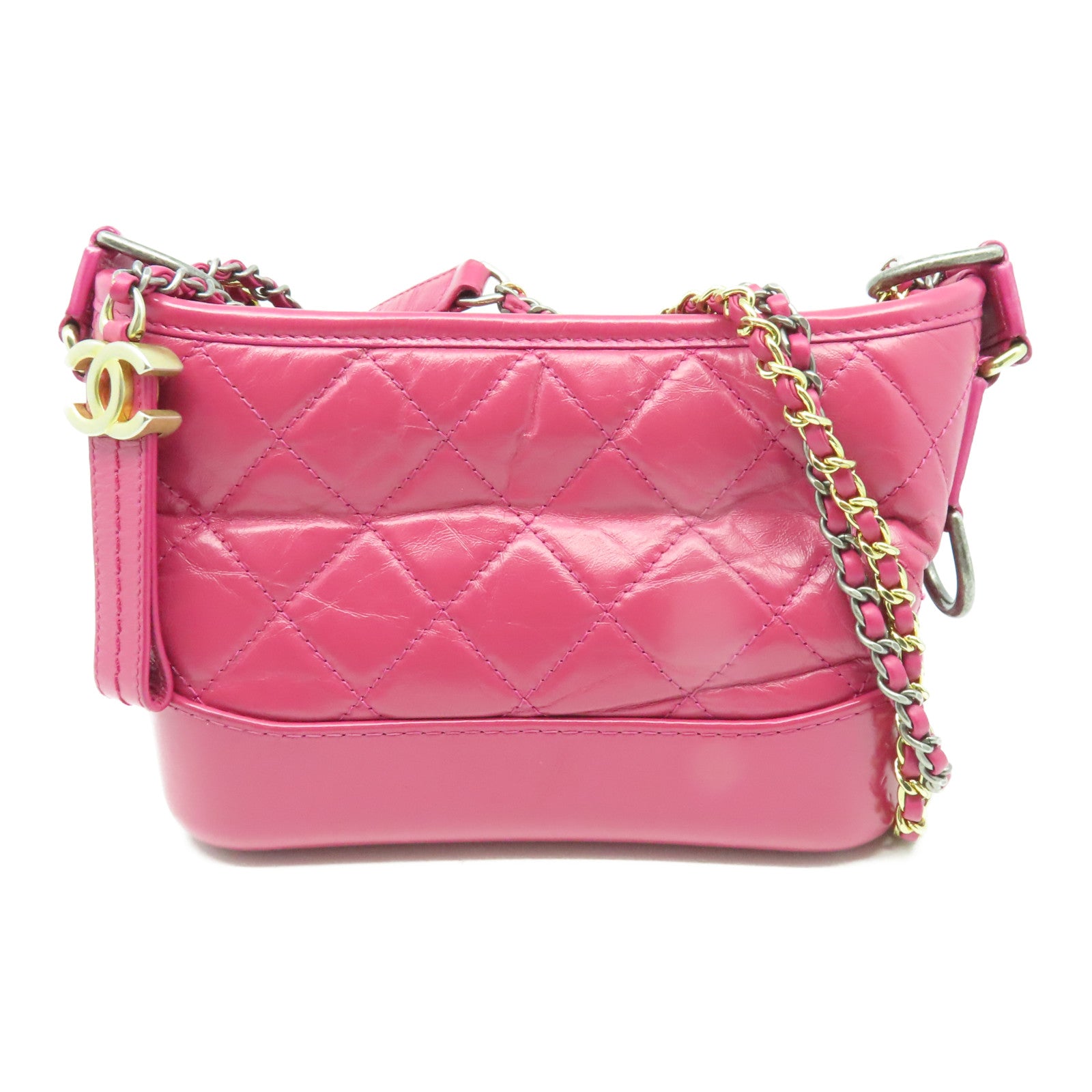 CHANEL 【激減優惠】菱格牛皮皮革Gabrielle Hobo Mini Shoulder Bag銀扣鏈帶肩背袋粉紅色