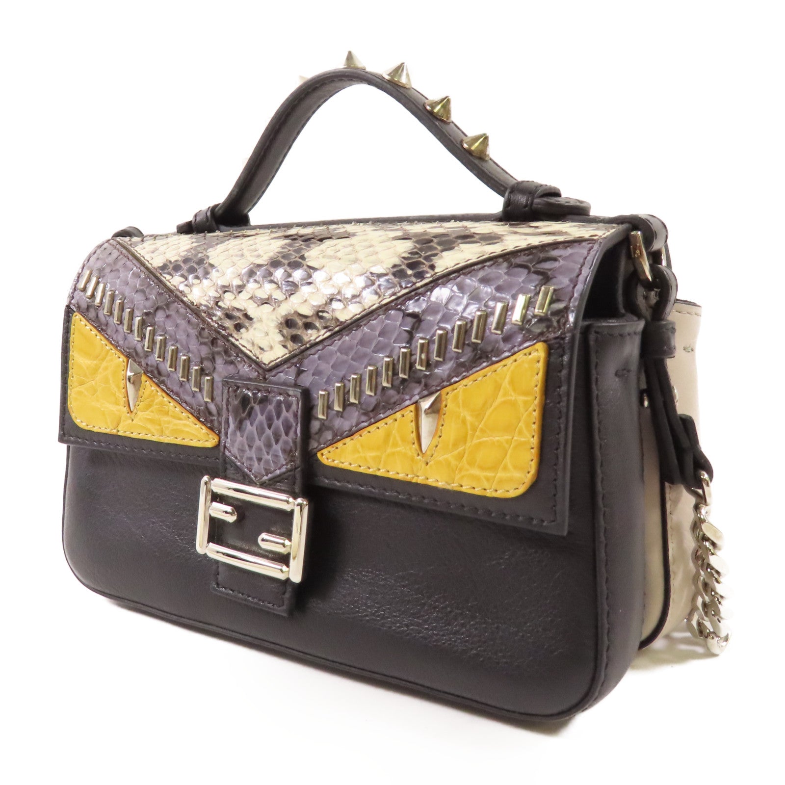 FENDI 蛇皮皮革/牛皮皮革Double Baguette Micro銀扣手挽肩背兩用袋