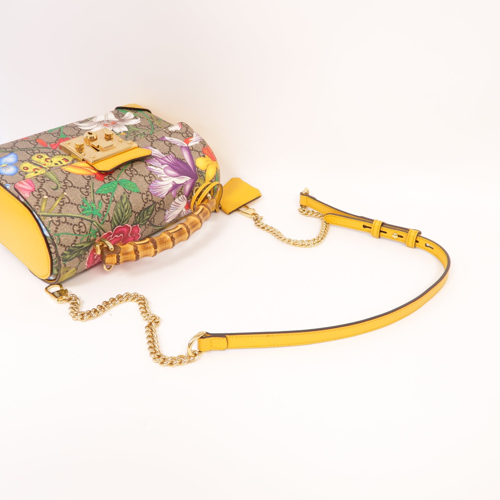 GUCCI 【激減優惠】塗層帆布Padlock GG Flower金扣手挽肩背兩用袋黃色/棕色