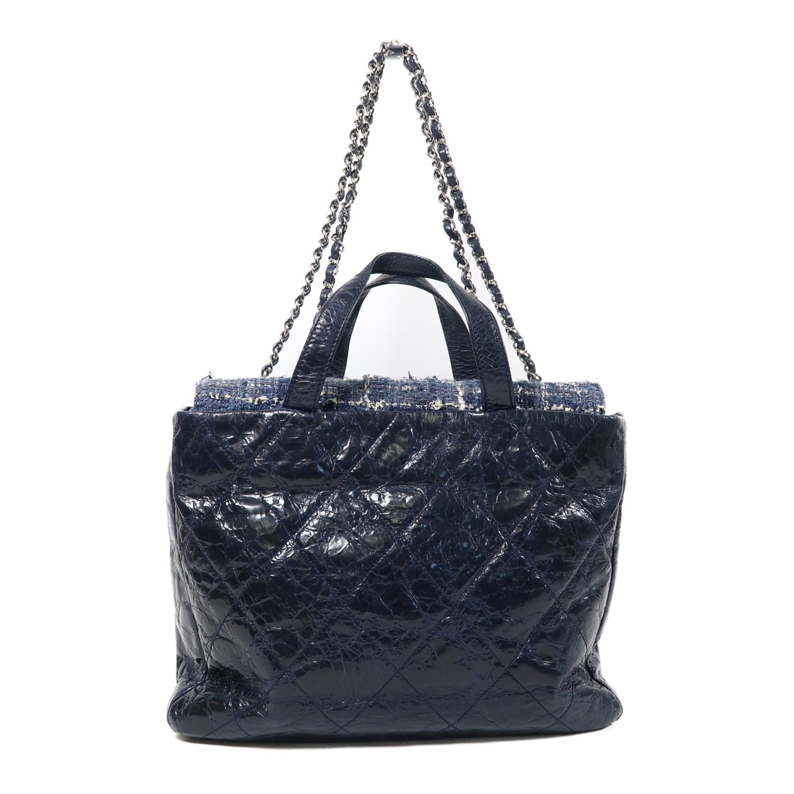 CHANEL 菱格牛皮皮革2way Shoulder Bag銀扣手挽肩背兩用袋藍色