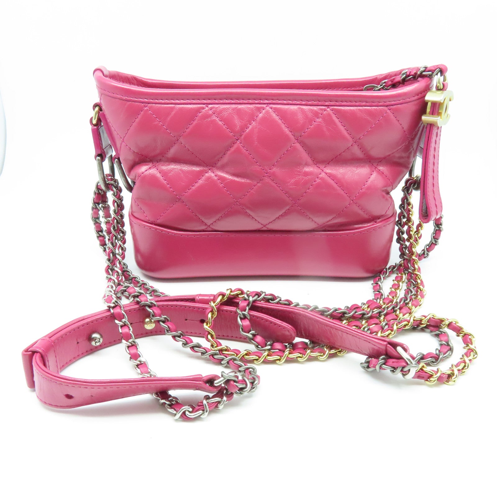CHANEL 【激減優惠】菱格牛皮皮革Gabrielle Hobo Mini Shoulder Bag銀扣鏈帶肩背袋粉紅色