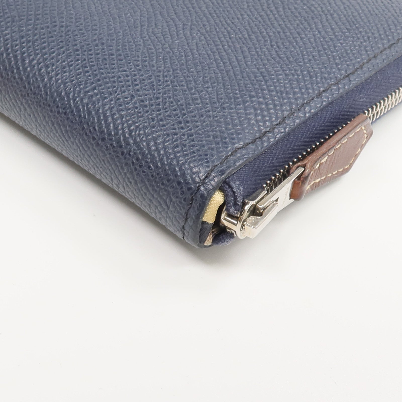 HERMES Epsom皮革/絲質Silk'In Compact Wallet錢包Bleu Indigo
