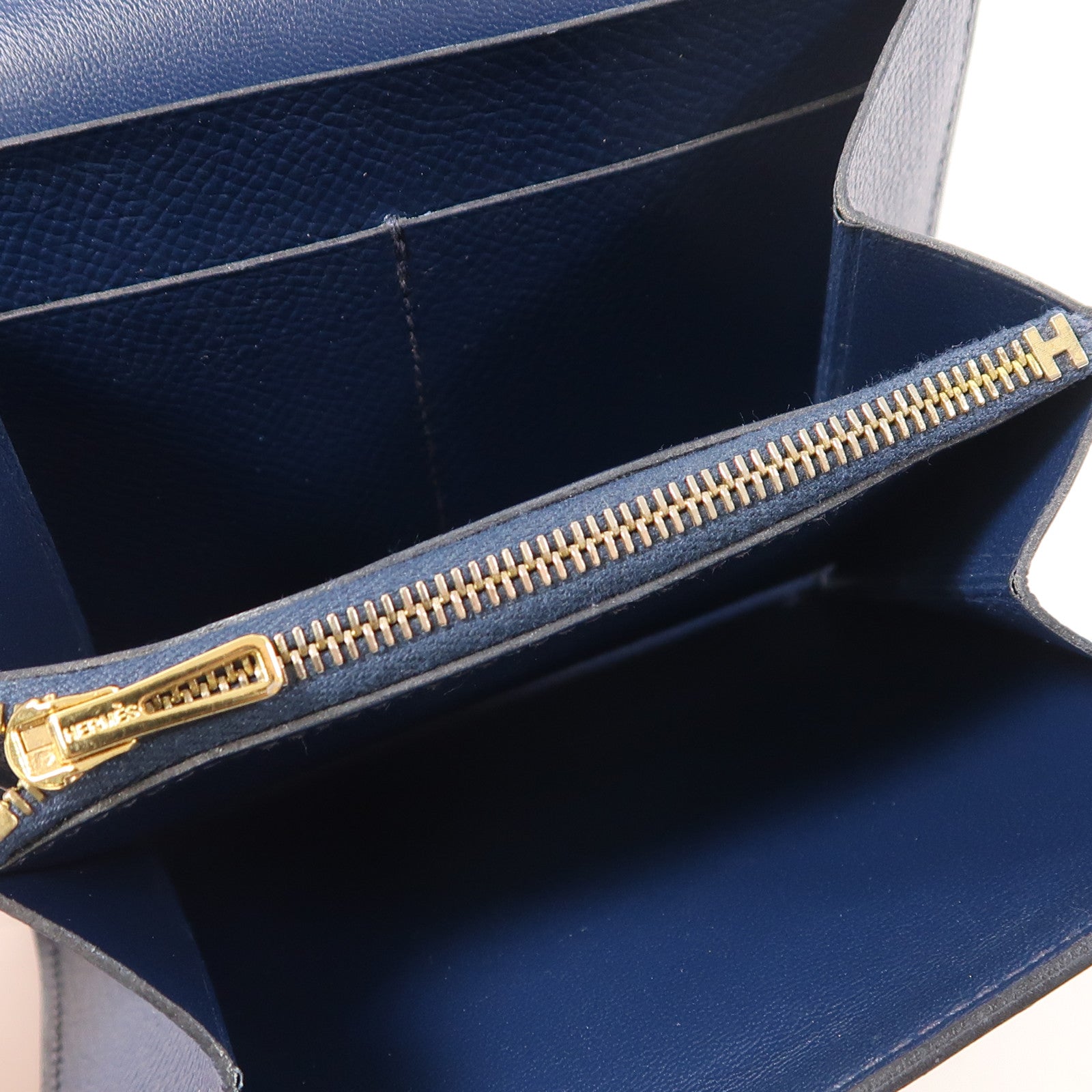 HERMES Epsom皮革Constance Compact Wallet金扣錢包Bleu Saphir