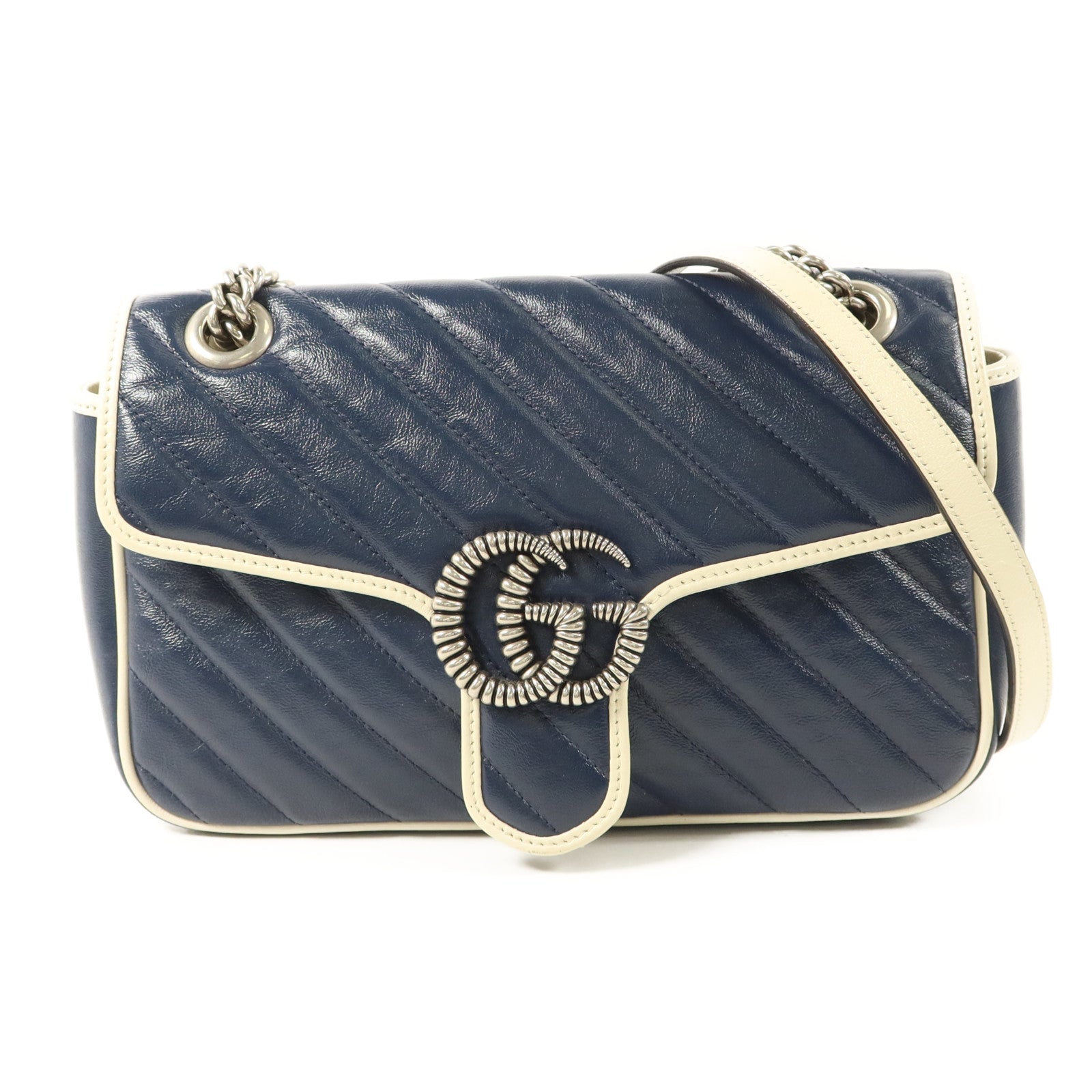GUCCI 牛皮皮革GG Marmont Medium銀扣鏈帶肩背袋