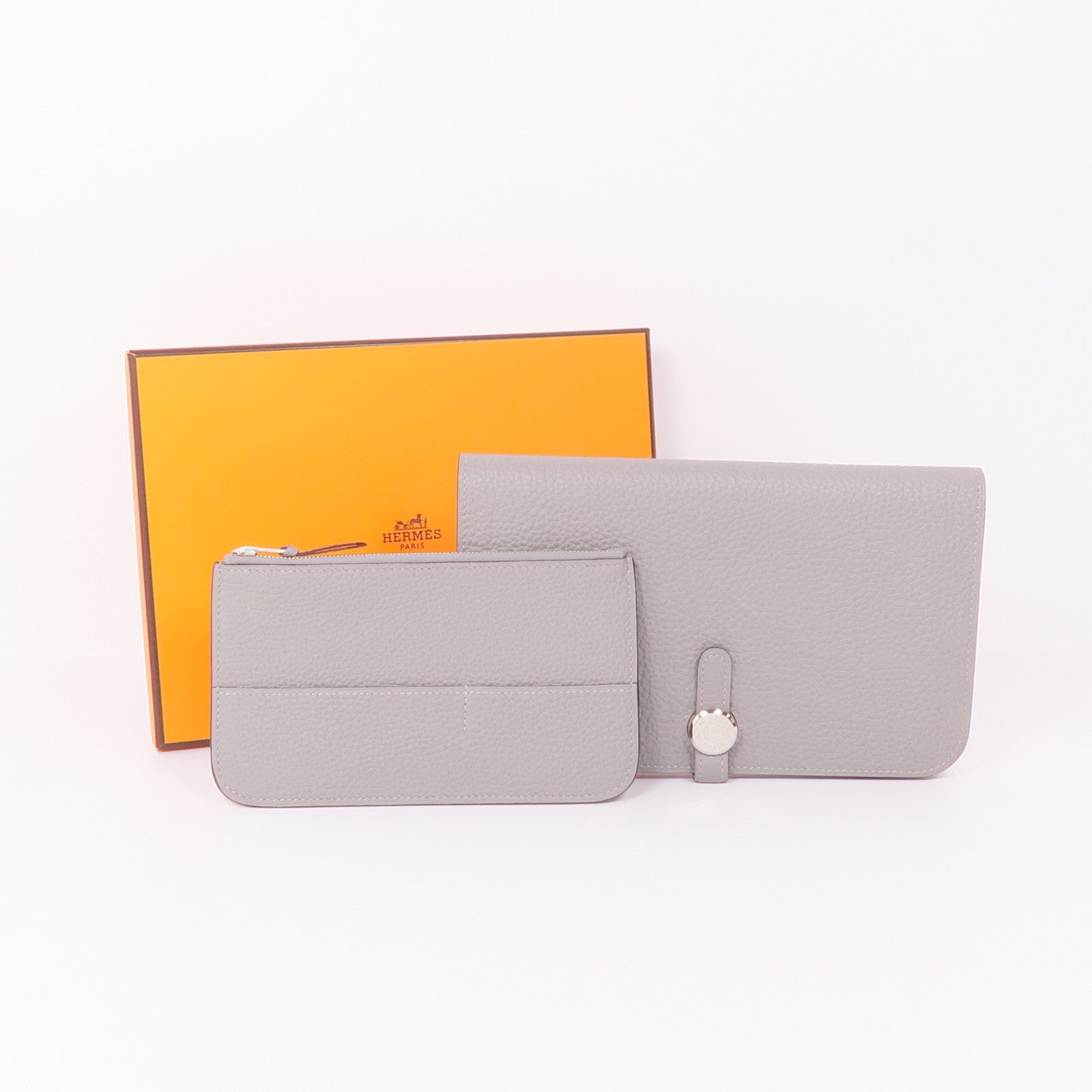 HERMES Clemence皮革Dogon GM銀扣長錢包Gris Mouette