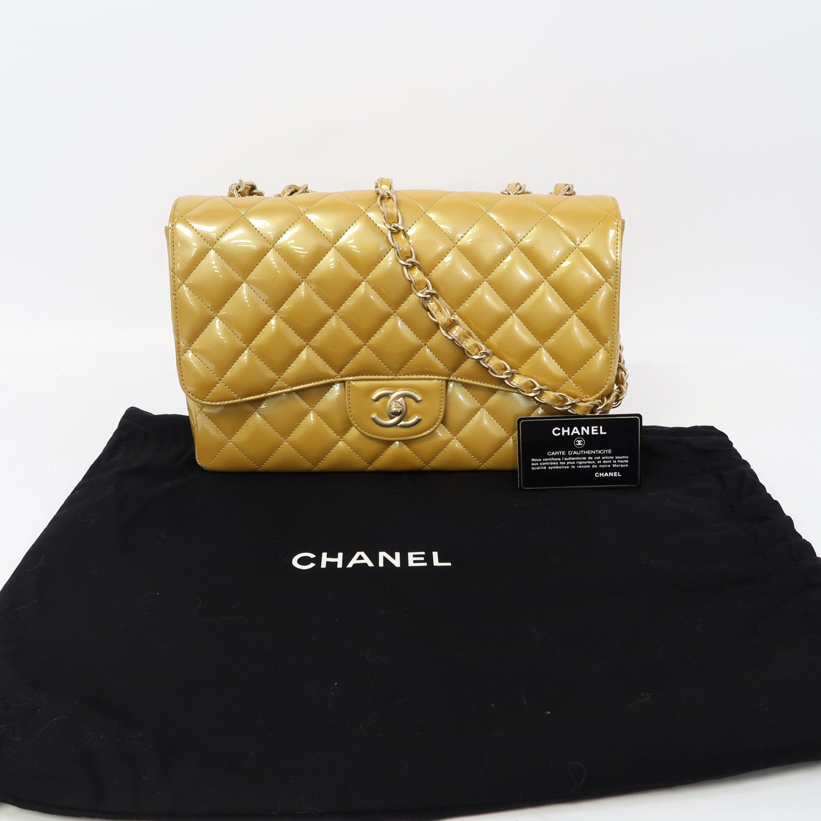 CHANEL 【激減優惠】菱格漆皮皮革Jumbo Classic Bag金扣鏈帶肩背袋黃色