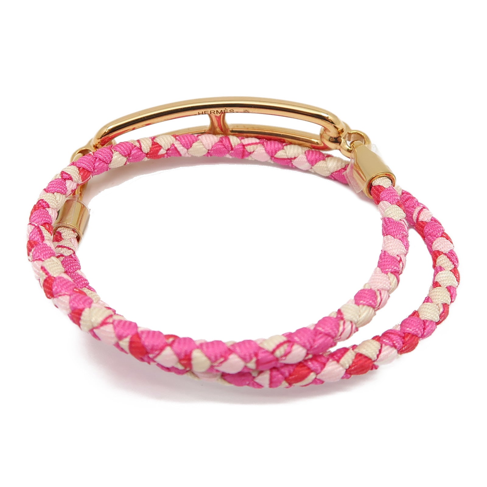 HERMES 【激減優惠】印花絲綢/金屬Roulis Double Tour Bracelet金扣手鐲粉紅色
