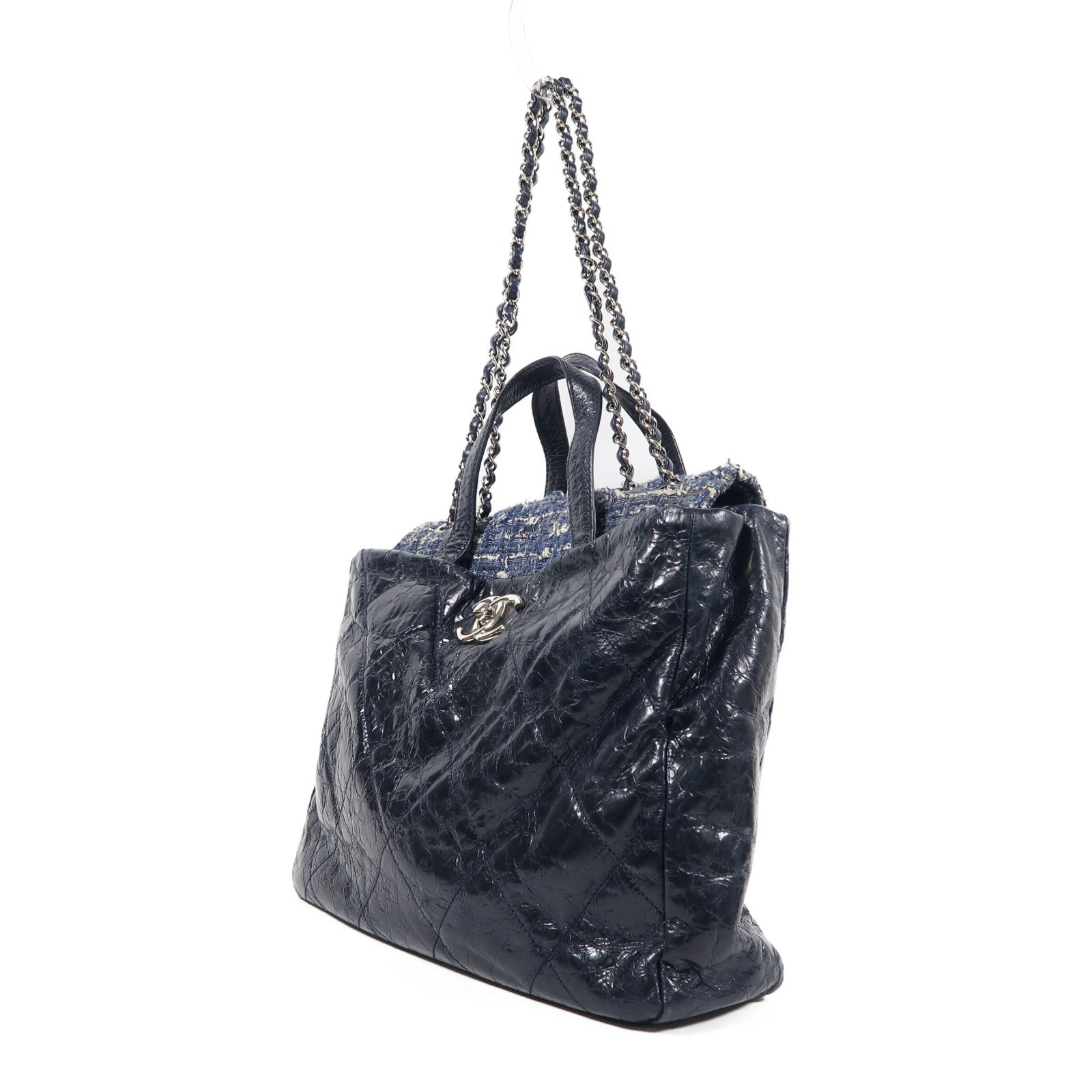 CHANEL 菱格牛皮皮革2way Shoulder Bag銀扣手挽肩背兩用袋藍色
