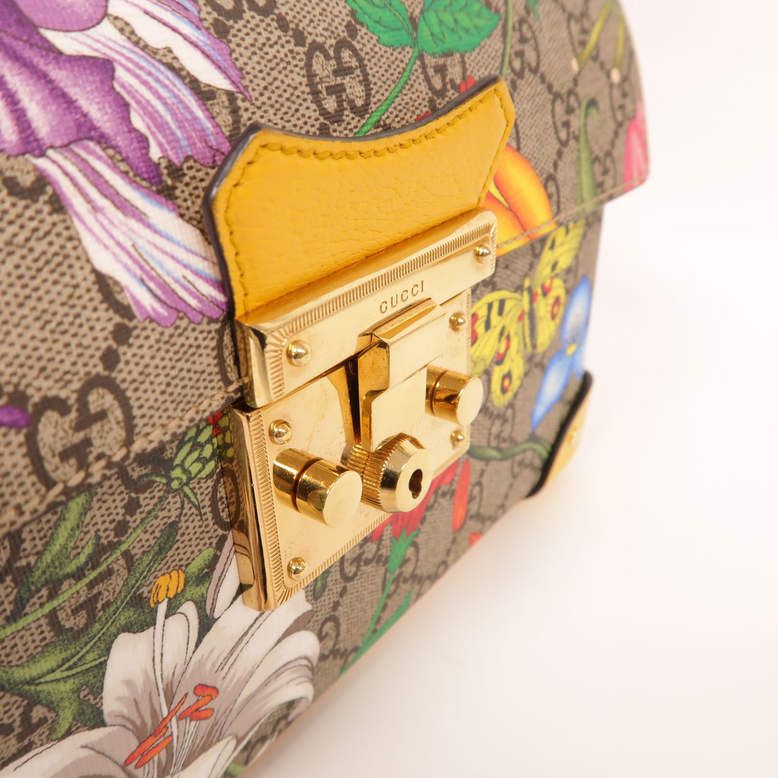 GUCCI 【激減優惠】塗層帆布Padlock GG Flower金扣手挽肩背兩用袋黃色/棕色
