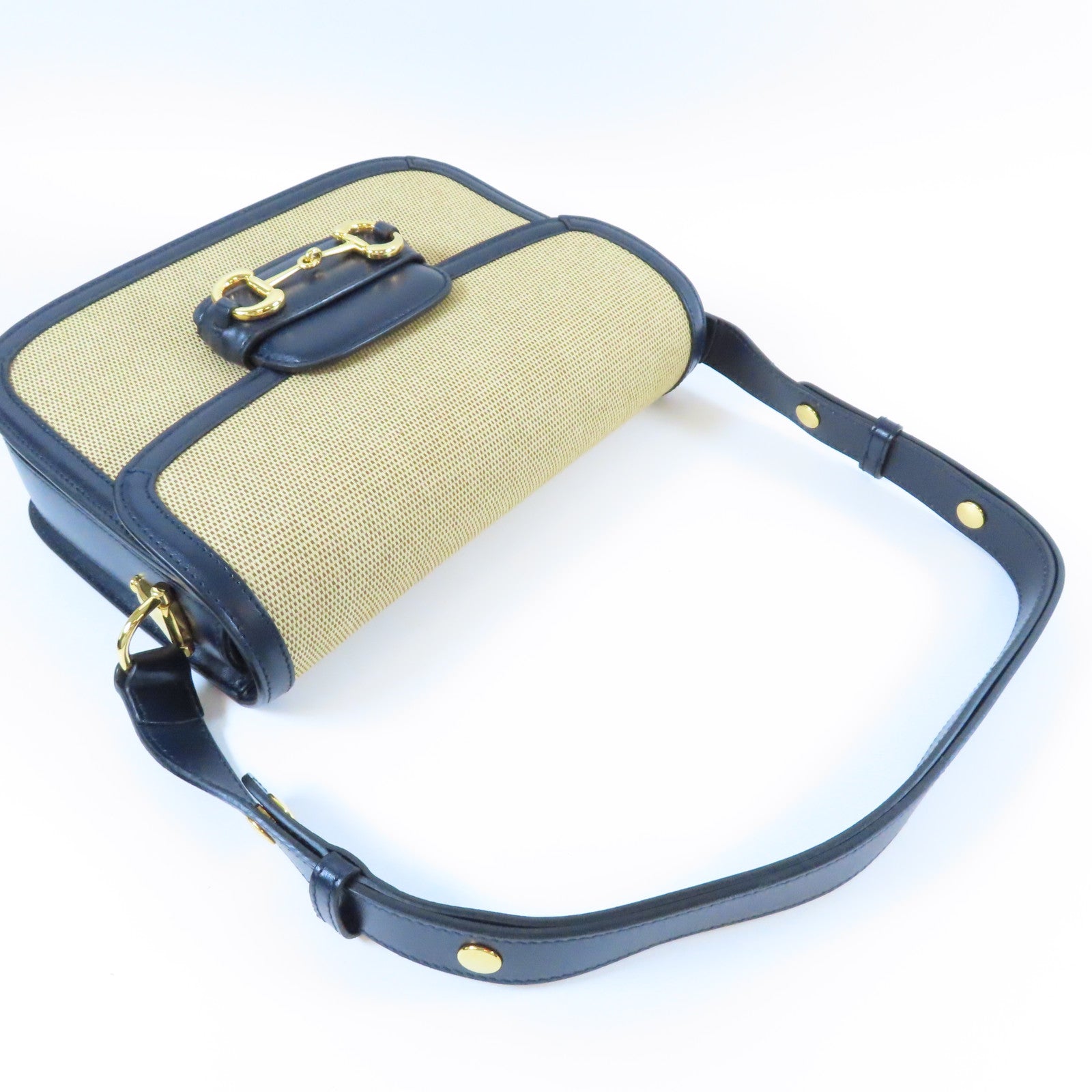 GUCCI 【激減優惠】帆布/皮革Horsebit 1955金扣肩背袋深藍色/米色